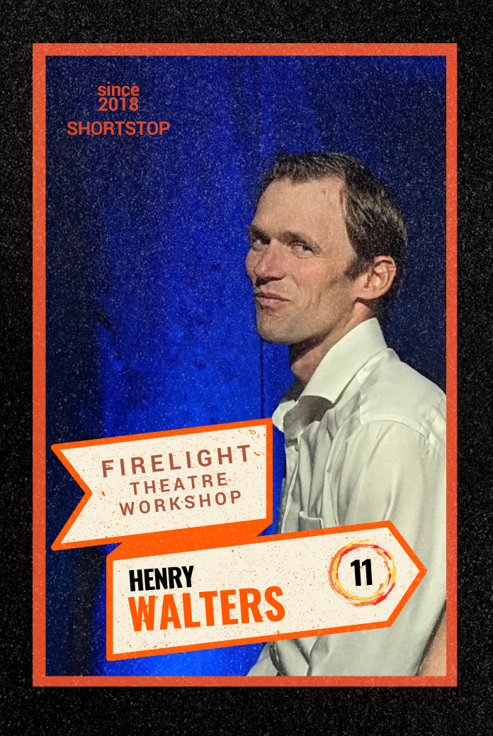 A poster advertising the Firelight Theatre Workshop featuring Henry Walters, highlighting his role since 2018, with a photo of him in a white shirt against a blue background.