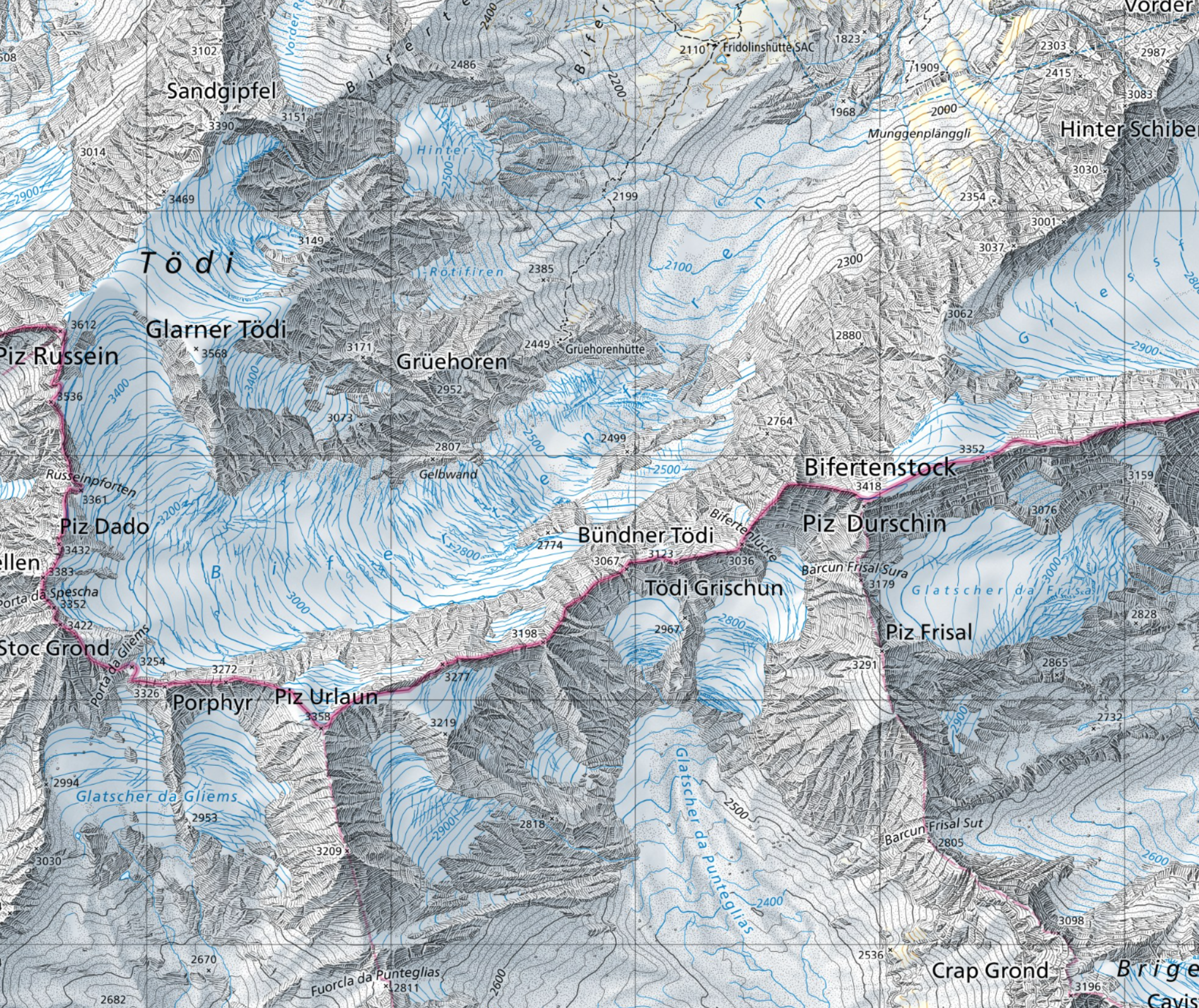Topographic map of a mountainous region with ski areas named Sandgipfel, Glarner Todi, Piz Russein, Piz Dado, Piz Durschin, Piz Frisal, and Barcun Frisal, showing contour lines, glaciers, and trails.