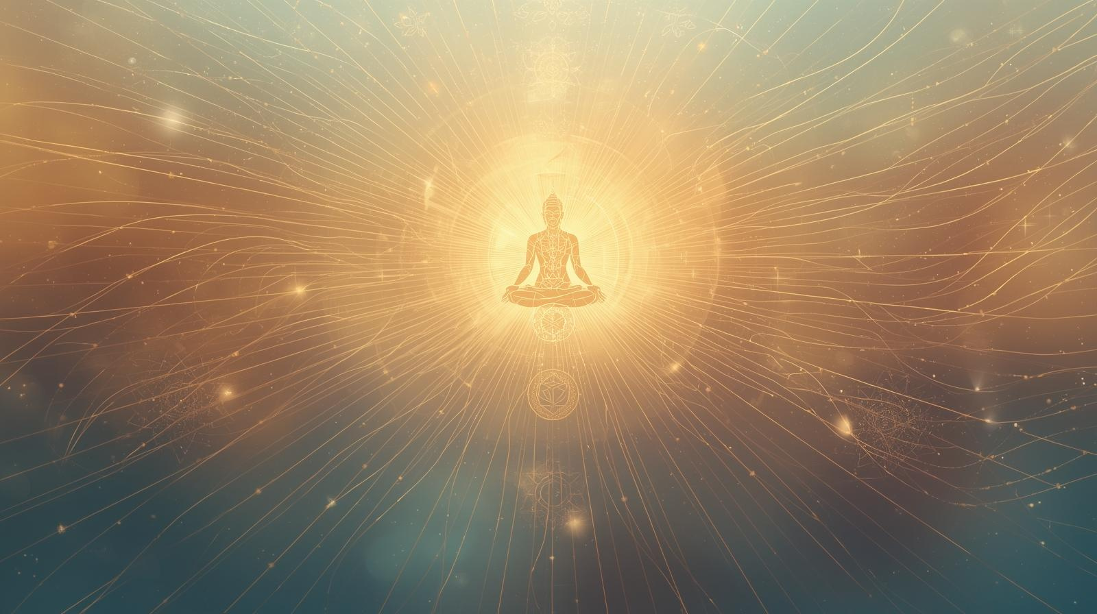 Une illustration numérique d'une silhouette humaine en position de méditation, entourée de lignes lumineuses rayonnantes, symbolisant l'énergie et la connexion spirituelle, avec des motifs géométriques et un fond étoilé