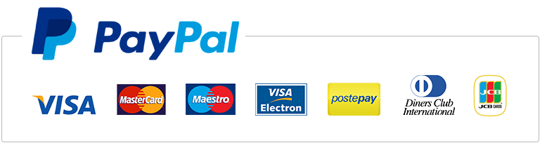 Loghi di PayPal e di diverse carte di pagamento, inclusi Visa, MasterCard, Maestro, Visa Electron, Postepay, Diners Club International e JCB.