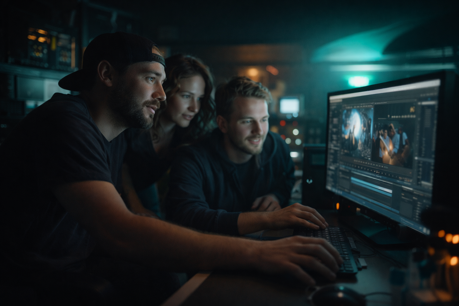 Üç tasarımcı, karanlık bir odada bilgisayar ekranında dijital tasarım yaparken birlikte çalışıyor.