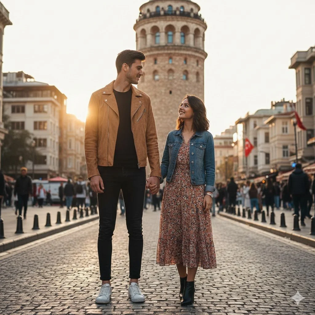 İki kişi el ele tutuşarak sokakta yürüyor, arka planda tarihi bir kule ve şehir manzarası var, akşam saatleri, gün batımı.