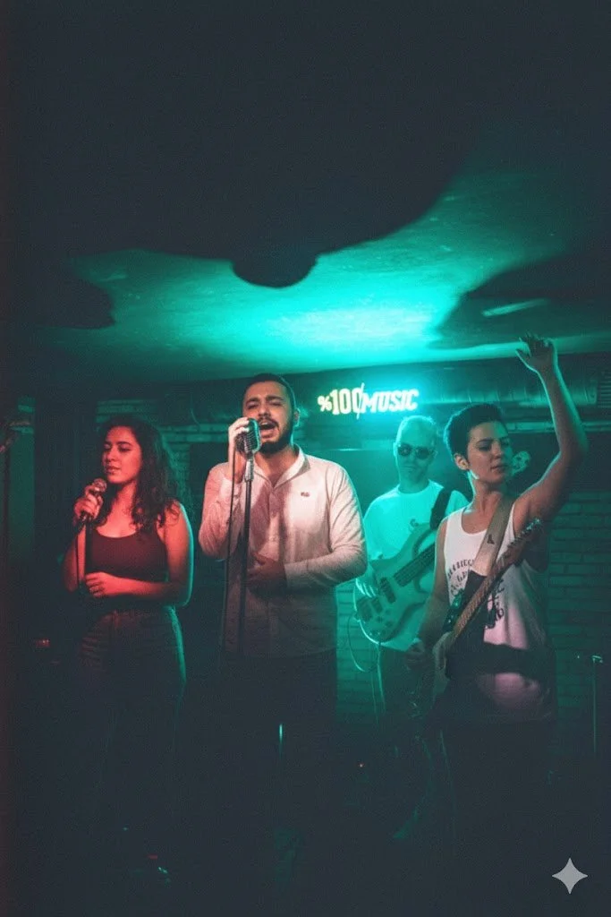 Stüdyoda canlı müzik yapan dört kişi, arka planda neon ışık ve tuğla duvar.