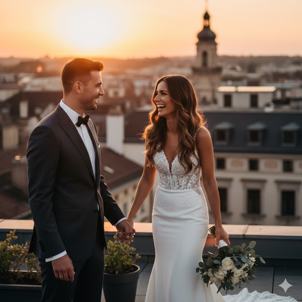 Güzel bir çift, düğün kıyafetiyle, el ele tutuşmuş, gün batımında şehir manzarasında gülümsüyor.