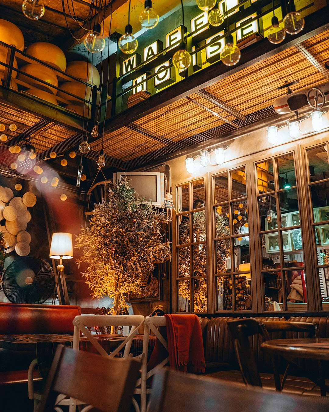 İç mekanda sıcak ve samimi bir kafe veya restoran dekoru, aydınlatmalı bitkiler, çeşitli mobilyalar ve ayna veya cam bölmeler.