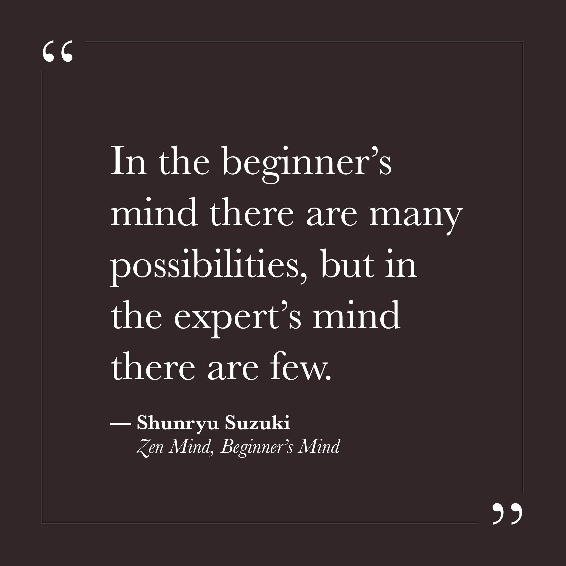       
  
    "In the beginner's mind there are many possibilities, but in the expert's mind there are few."   — Shunryu Suzuki, Zen Mind,  Beginner's Mind     The ego often prizes expertise. Knowing things, understanding what to expect, not being ca