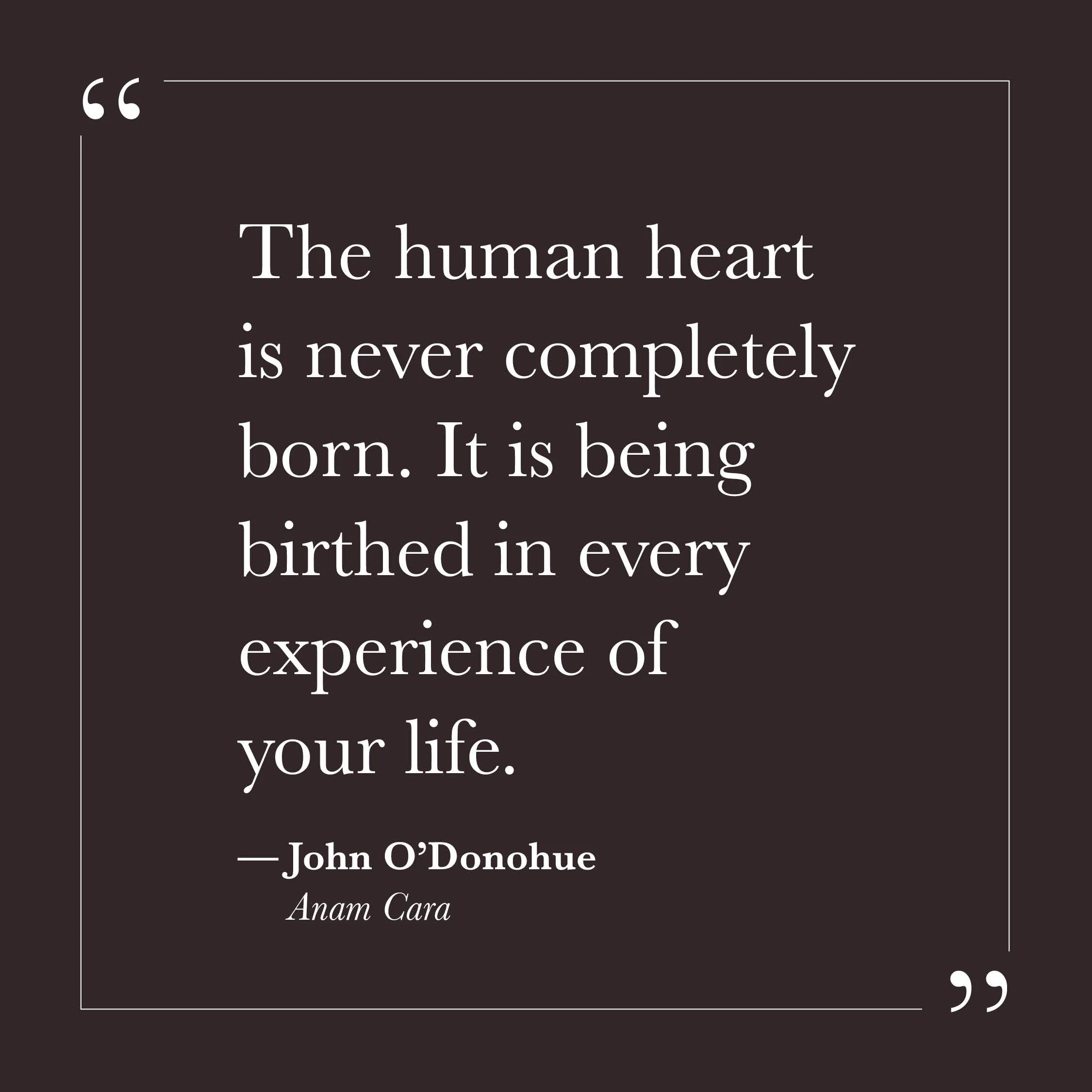       
  
    "The human heart is never completely born. It is being birthed in every experience of your life."   — John O'Donohue,  Anam Cara     There can be an assumption, usually unspoken, that we should already be finished. That a grown person o
