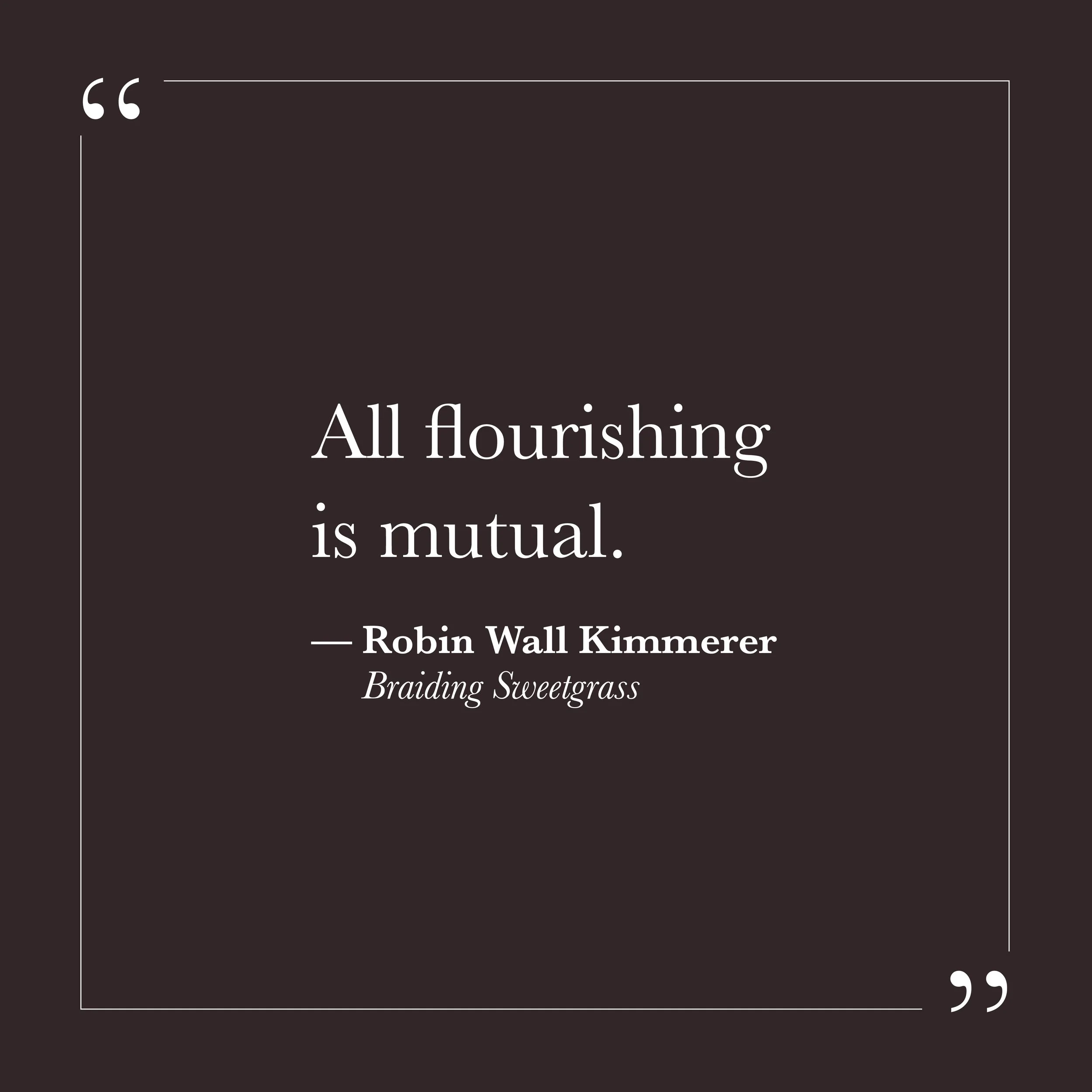       
  
    "All flourishing is mutual."   —Robin Wall Kimmerer,  Braiding Sweetgrass   Much of our effort can rest on the assumption that flourishing is individual—something we achieve through the right decisions, the right effort, the right amoun