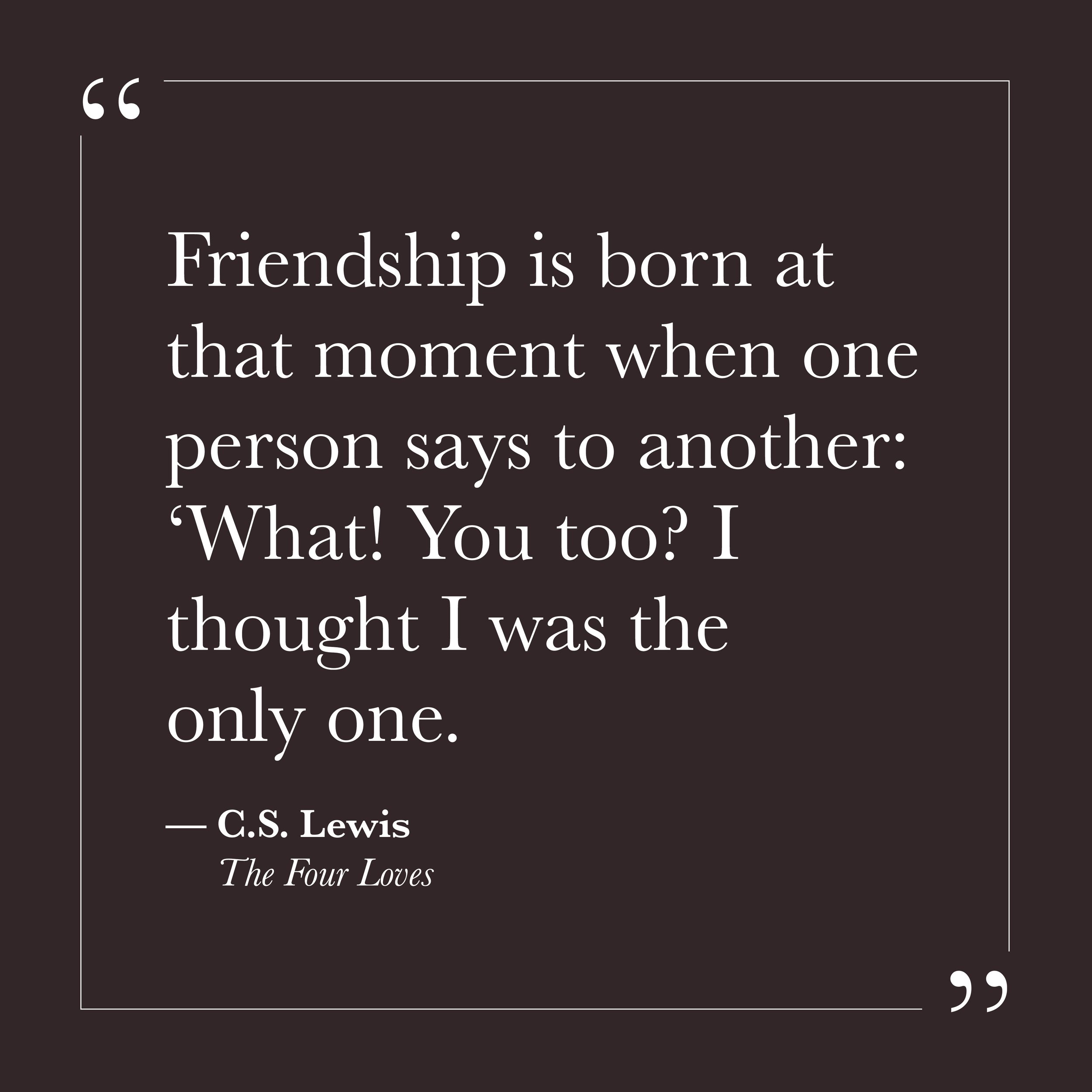       
  
    "Friendship is born at that moment when one person says to another: 'What! You too? I thought I was the only one.'"   —C.S. Lewis,  The Four Loves     Self-protection often works by convincing us that our particular confusion, fear, or 
