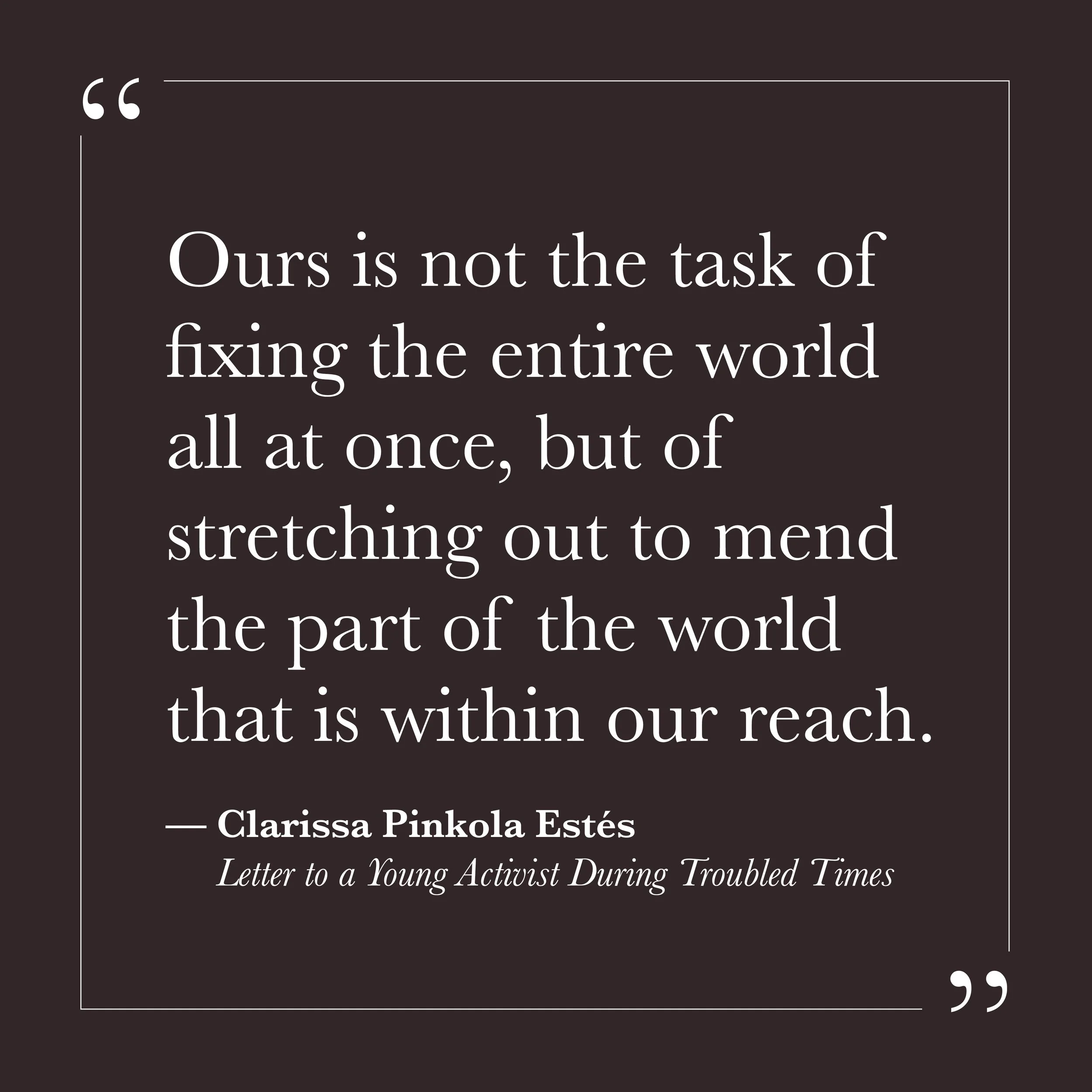       
  
    "Ours is not the task of fixing the entire world all at once, but of stretching out to mend the part of the world that is within our reach."   —Clarissa Pinkola Estés,  Letter to a Young Activist During Troubled Times     Self-will can 
