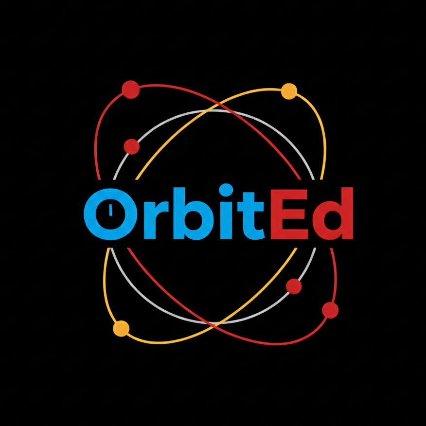 Logo with the word 'OrbitEd' in blue and red text, surrounded by illustrated orbits with colored spheres representing celestial bodies on a black background.