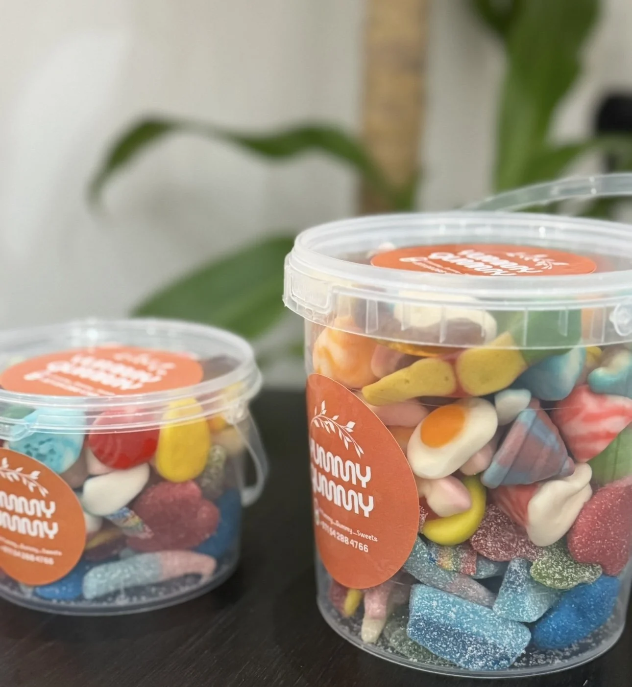Two clear plastic containers filled with colorful gummy candies on a dark surface, with a blurred green plant in the background.