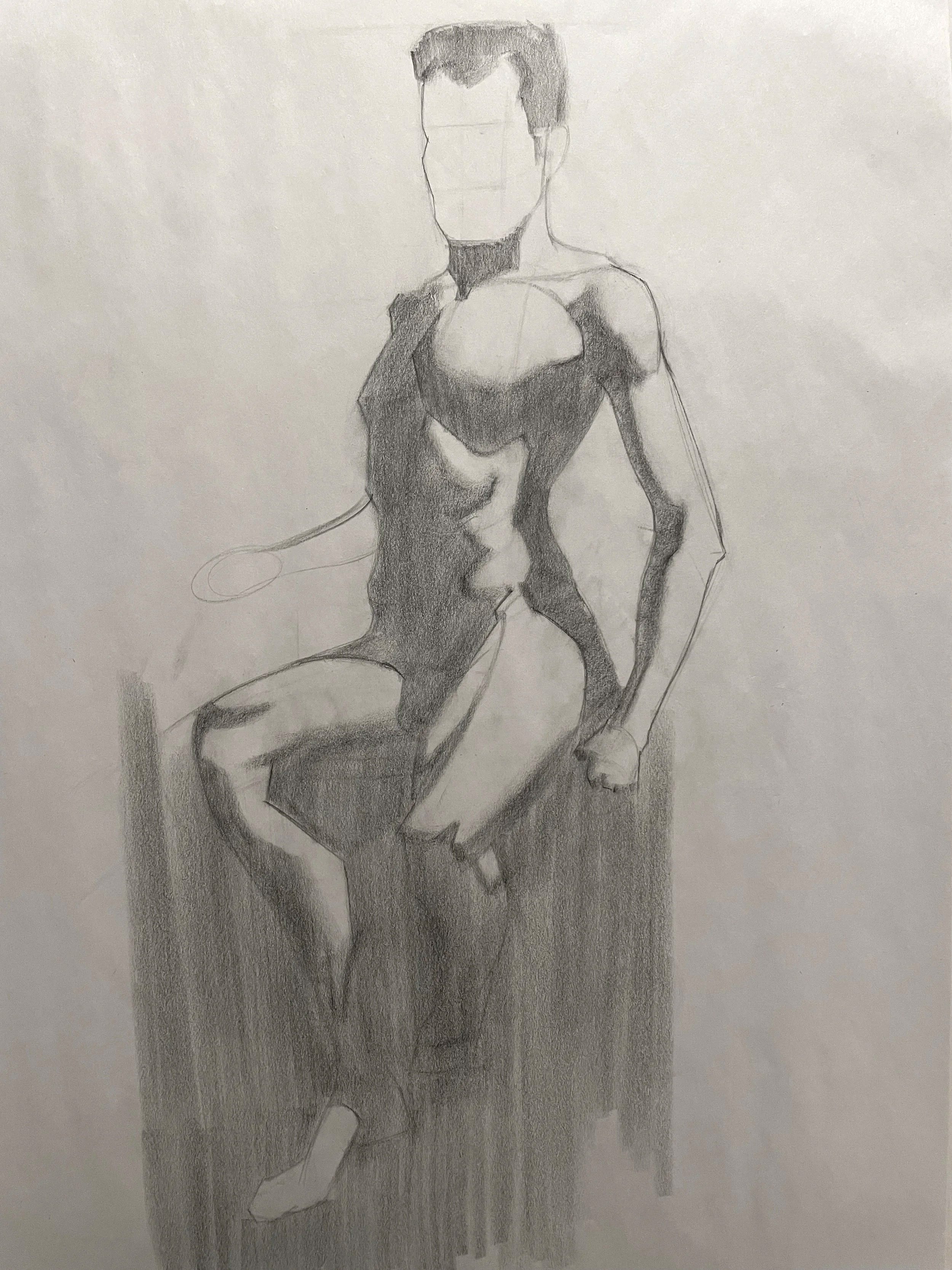 A charcoal sketch of a man sitting on a rectangular surface, with one leg crossed over the other. He has short hair. The drawing emphasizes shading and contours.