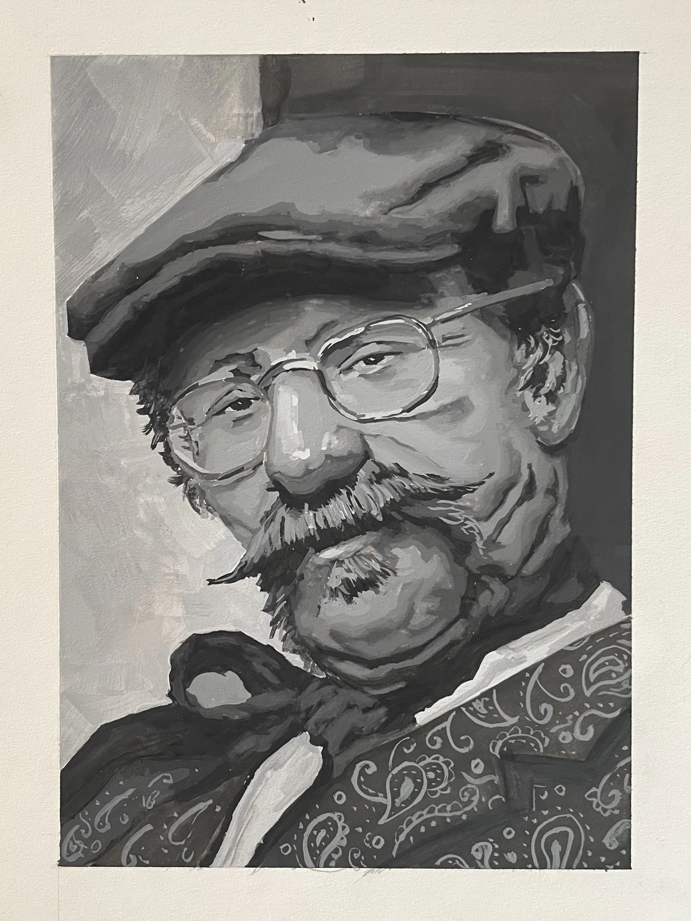 Black and white painting of an elderly man with glasses, a mustache, and a large hat, wearing a patterned scarf.