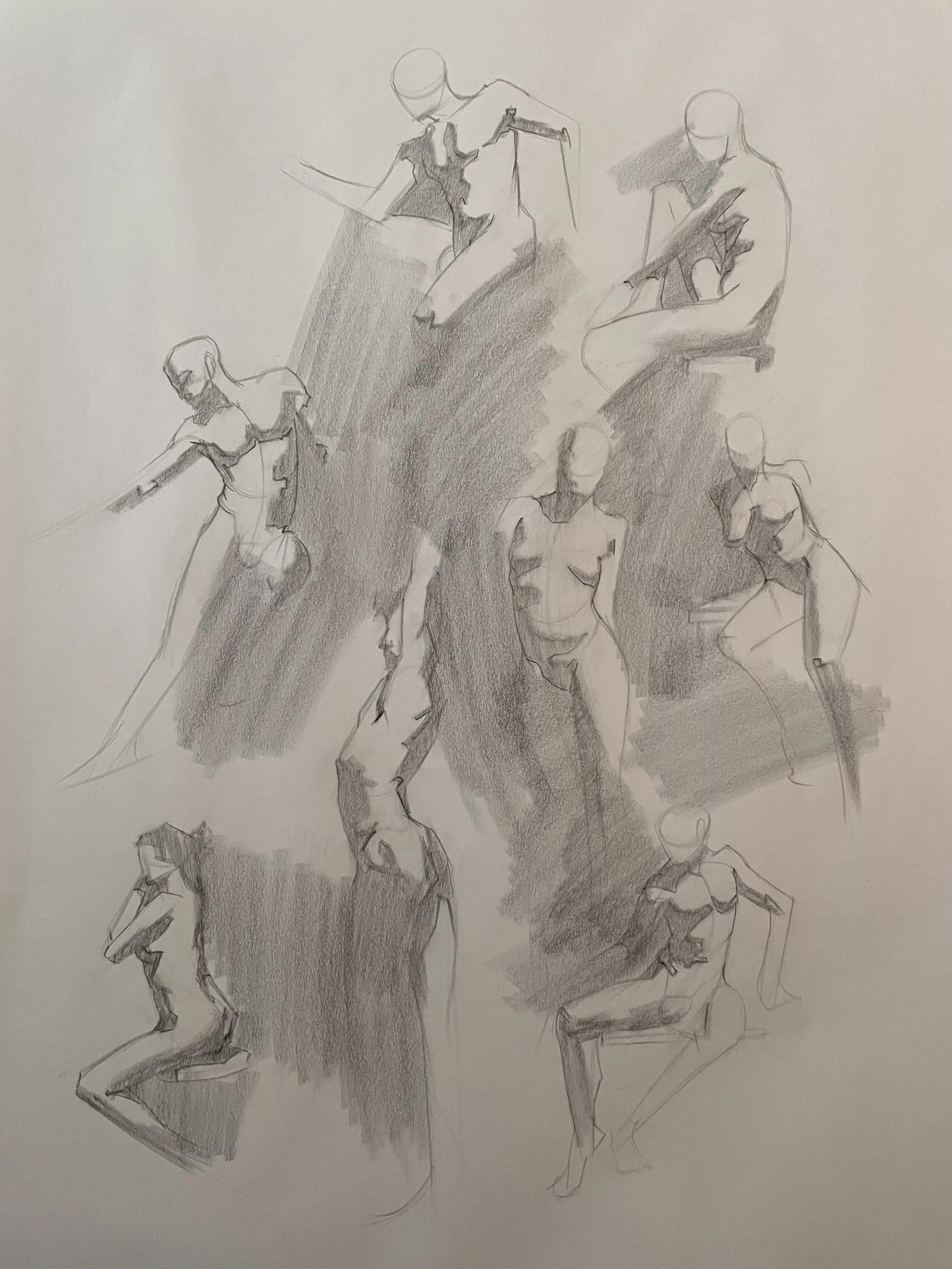 Sketch of multiple human figure poses in various seated and standing positions. Quicksketches in charcoal.