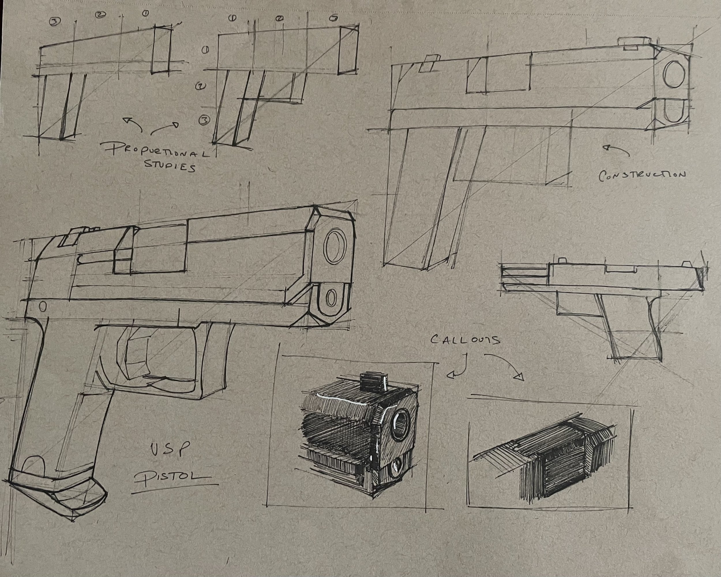 Hand-drawn sketches and notes for a handgun design, including different views, callouts, and conceptual diagrams.