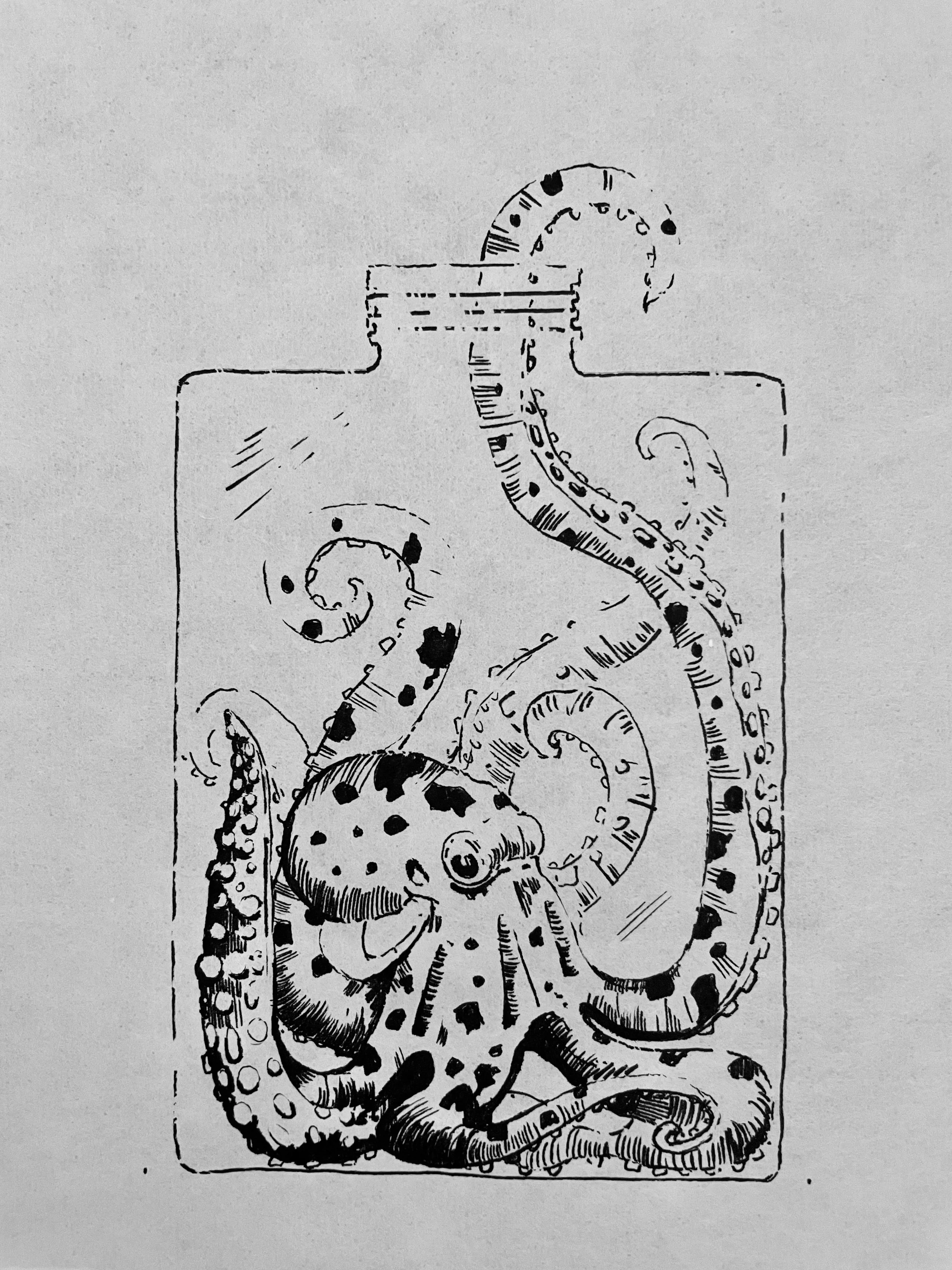 A black and white illustration of an octopus inside a glass jar, with the octopus's tentacles extending and curling outward.