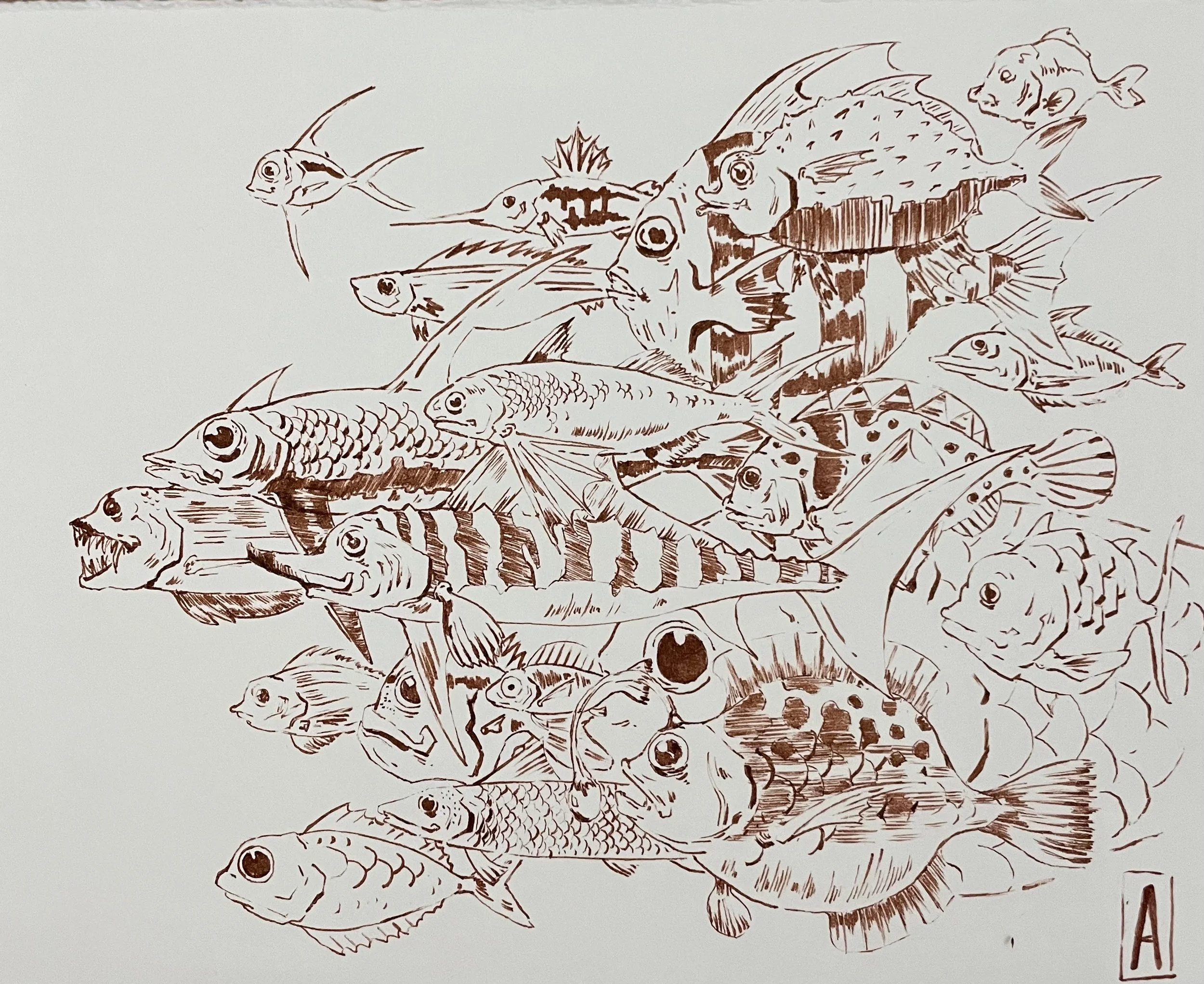 Illustration of various fish species, including goldfish, angelfish, and others, clustered together in a detailed sketch.