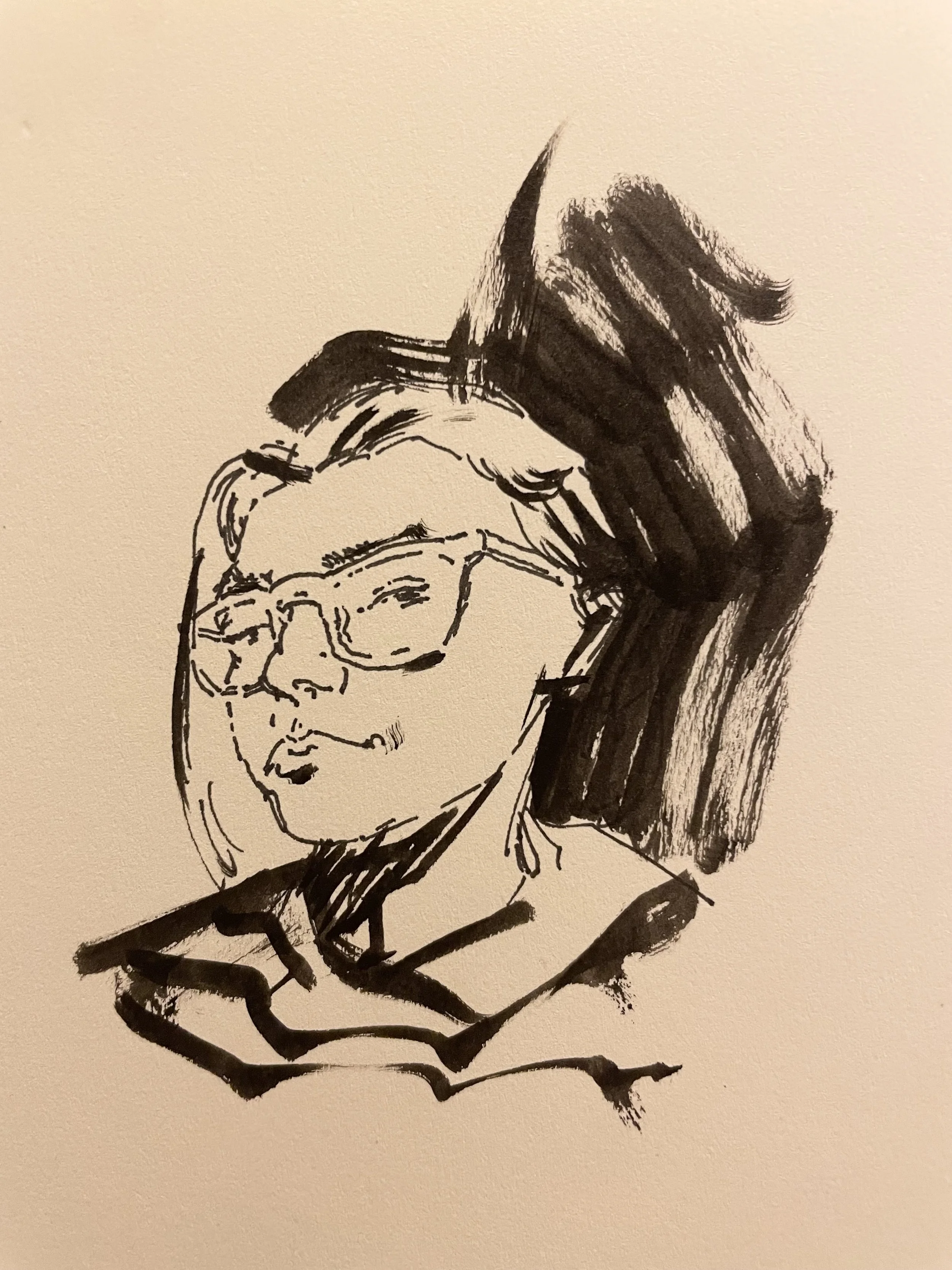 Black and white sketch of a woman with glasses, hair slicked back, and wearing a hoodie.