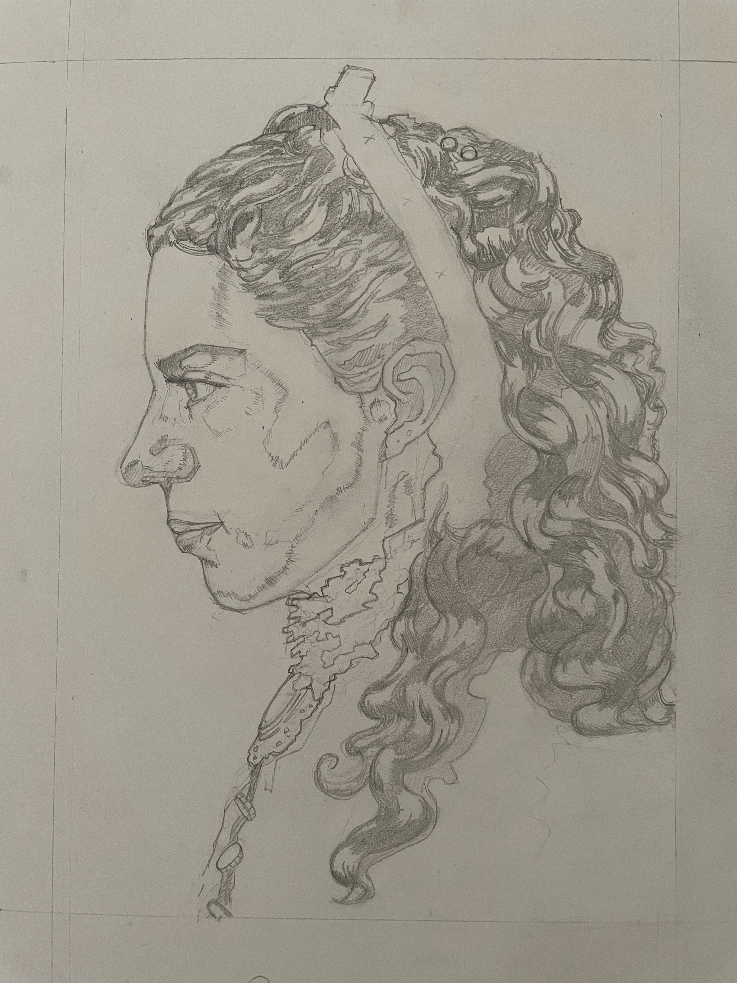 A pencil sketch of a woman's side profile with long, curly hair, detailed facial features, and a small earring.