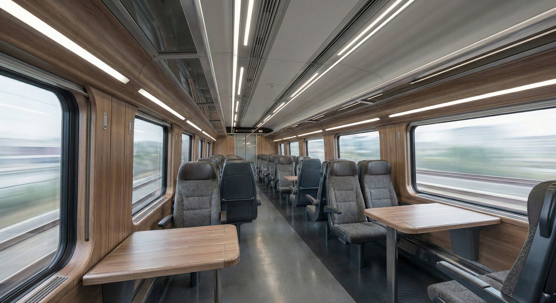 Interno di un treno con sedili in tessuto grigio e tavolini di legno, grandi finestrini, illuminazione a LED e un pavimento nero