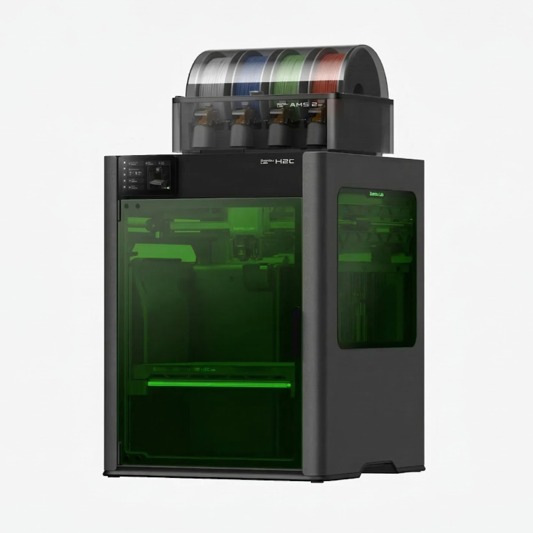 Stampante 3D con seria di filamenti colorati sulla parte superiore.