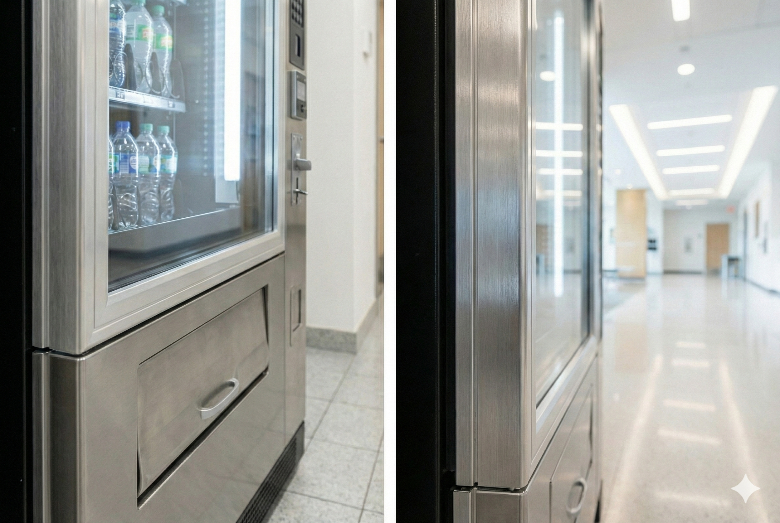 Immagine divisa in due parti, a sinistra un distributore automatico di bottiglie d'acqua in vetro e a destra un'ampia area di corridoio in un edificio moderno con soffitto a luci LED