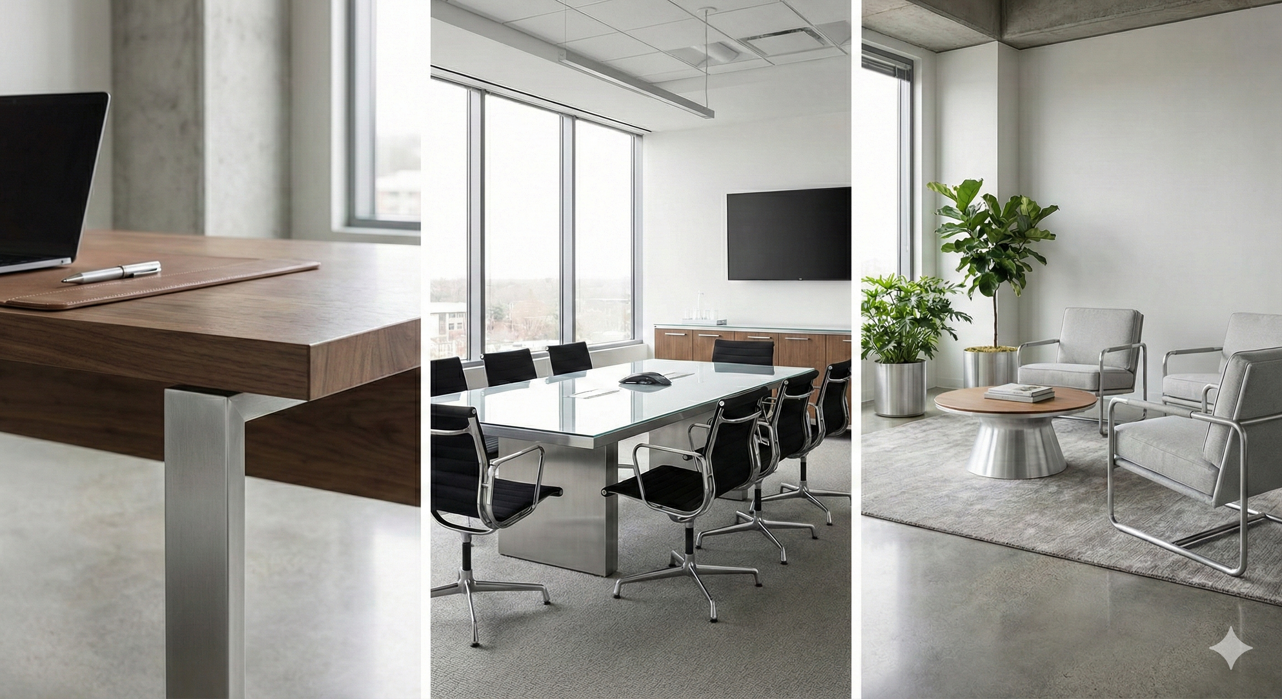 Foto di un ufficio moderno con tre ambienti distinti: un'area con una scrivania in legno e un laptop, una sala riunioni con un grande tavolo e sedie nere, e una zona di accoglienza con poltrone grigie, tavolino e piante verdi.