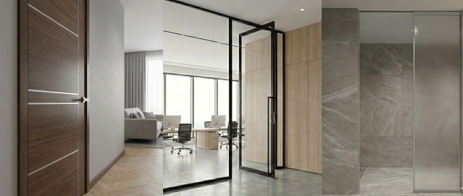 Interno di un ufficio elegante con pareti di vetro, scrivanie, sedie da ufficio e una zona con divano e tende transparente.