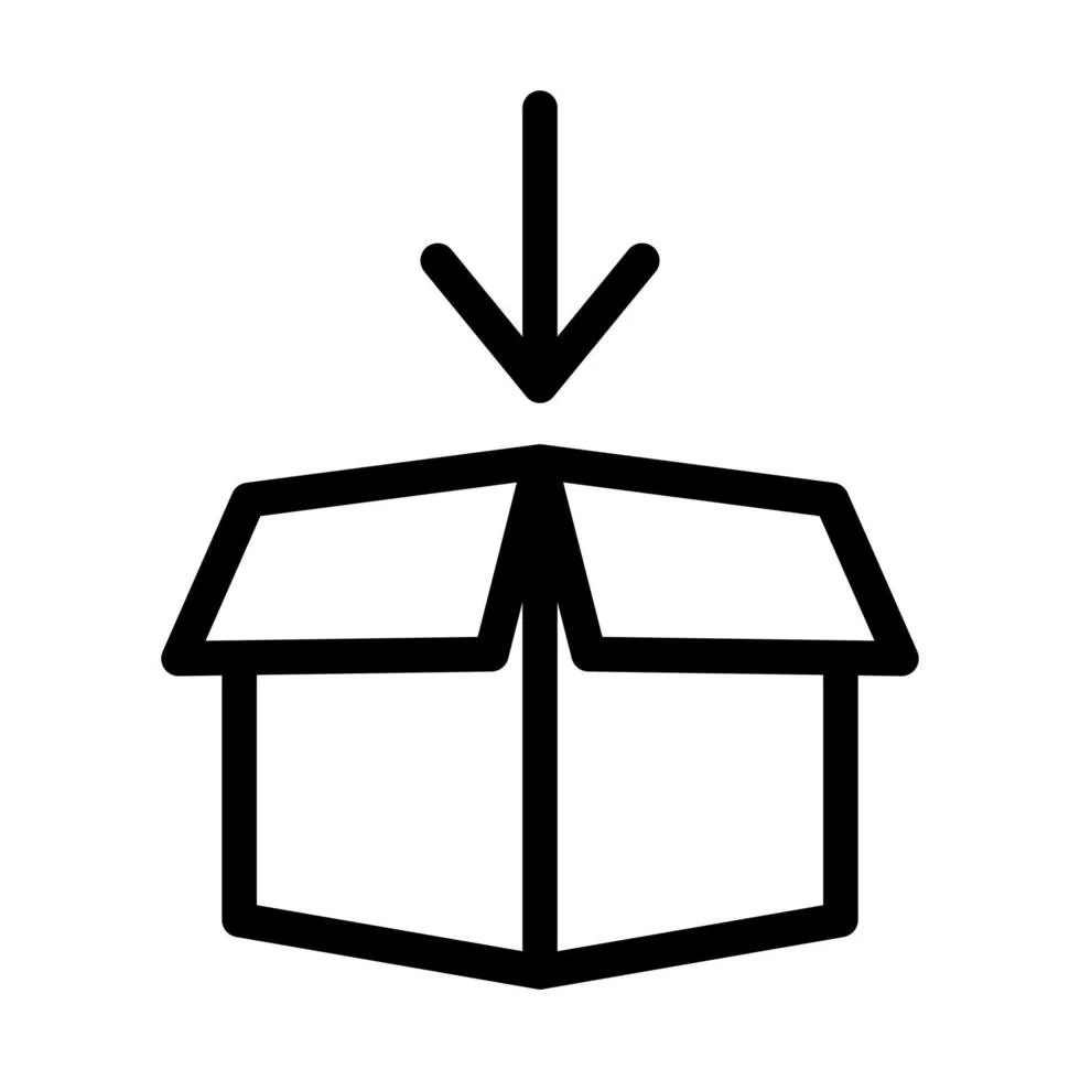 Icona di una scatola che si apre con una freccia rivolta verso il basso, indicante consegna o apertura.