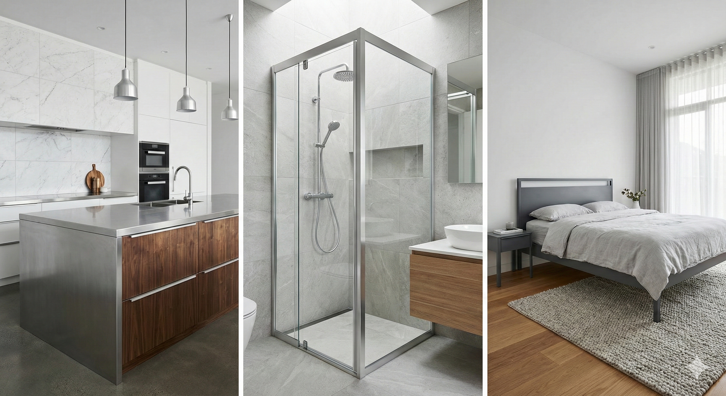 Tre ambienti di casa: una cucina moderna con isola, un bagno con doccia, e una camera da letto con letto matrimoniale e finestra con tende bianche.