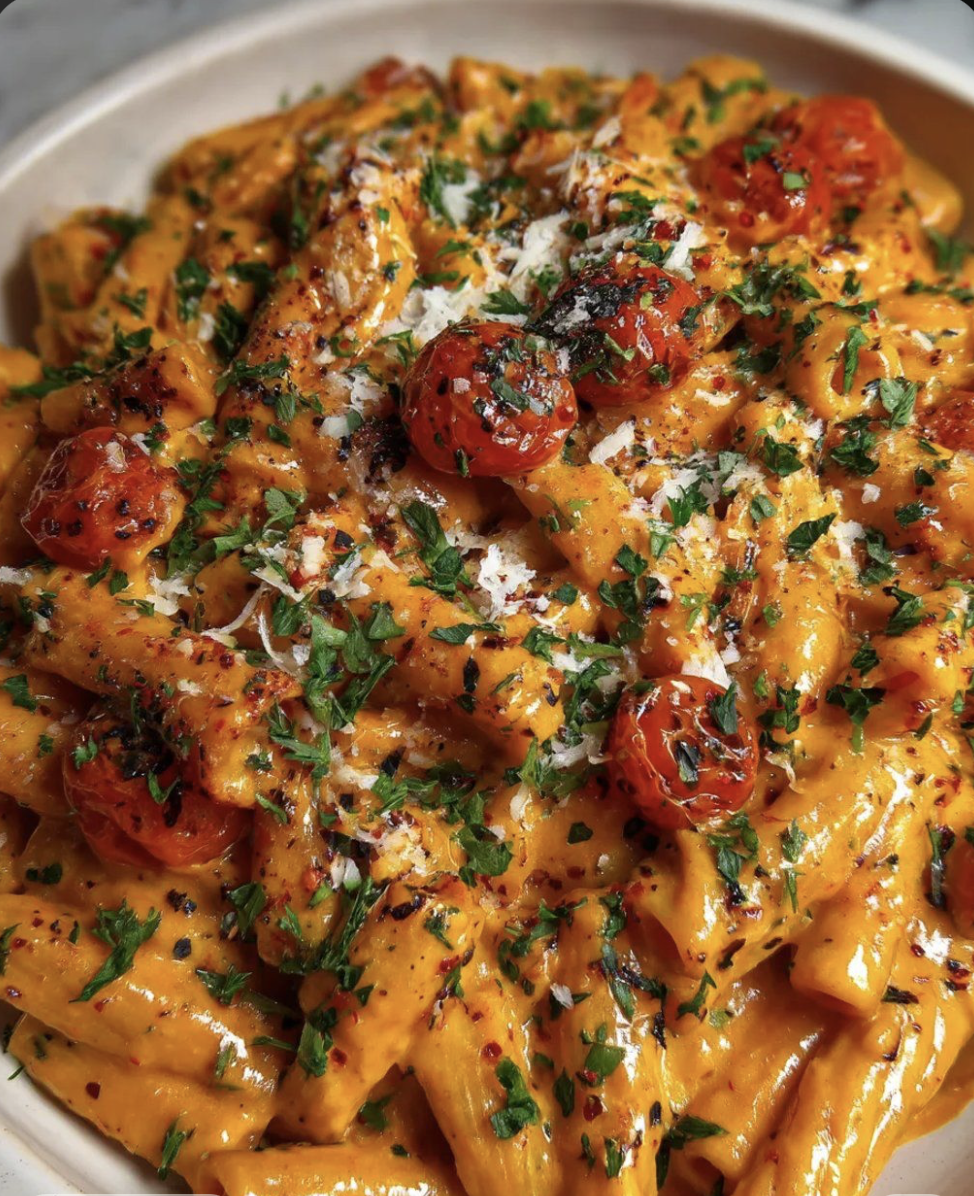 Close-up of a cheesy pasta dish with cherry tomatoes, chopped herbs, and grated cheese.