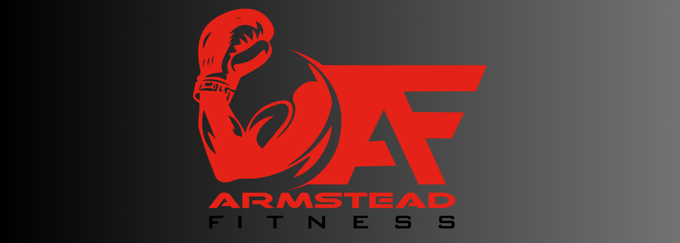 A logo for Armstead Fitness featuring a muscular arm in red with a clenched fist, a boxing glove, and the words "ARMSTEAD FITNESS" in red and black on a gradient dark background.