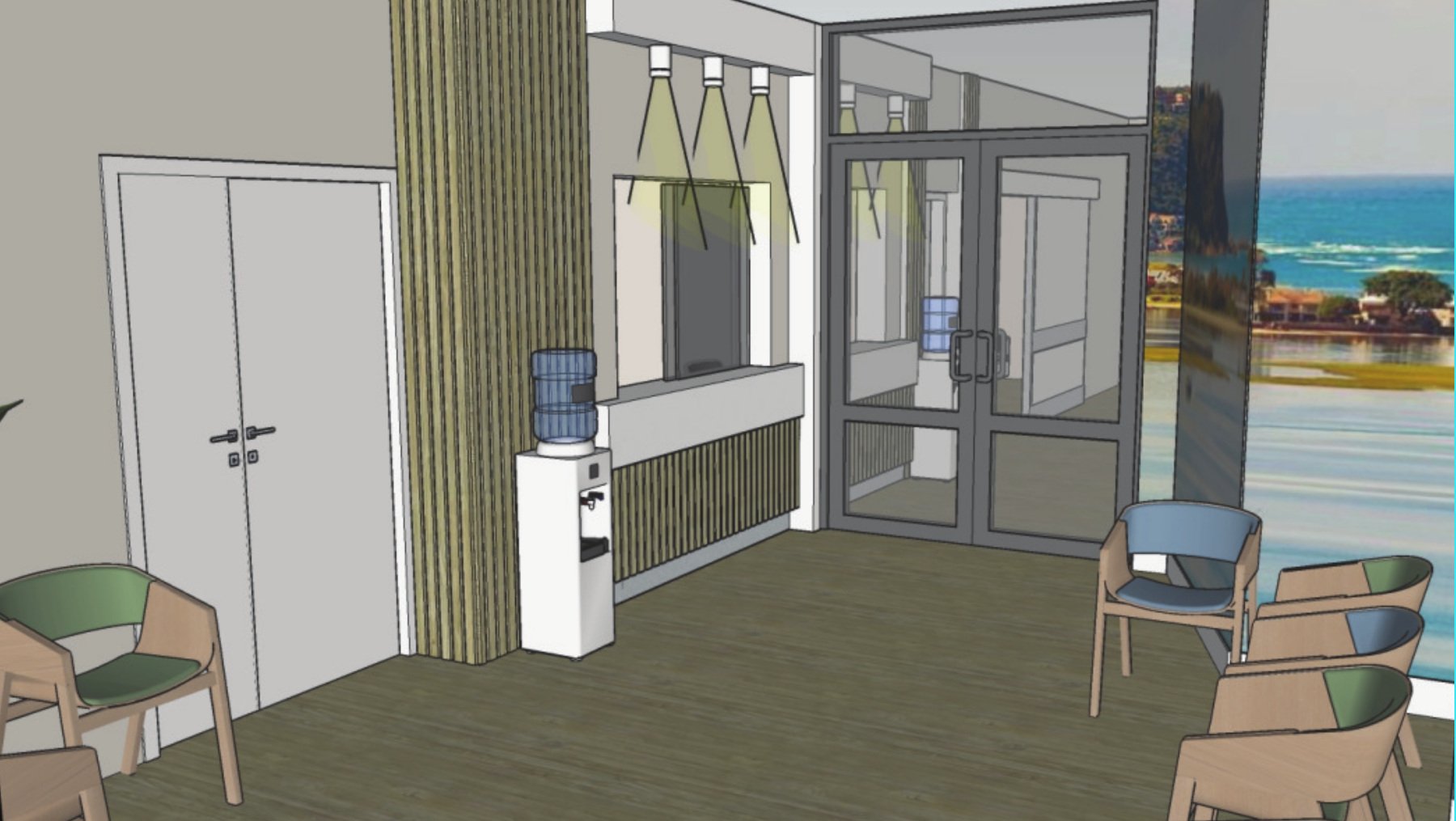 Interior view of a waiting room with chairs, water dispensers, and a large glass door leading outside, overlooking a body of water.