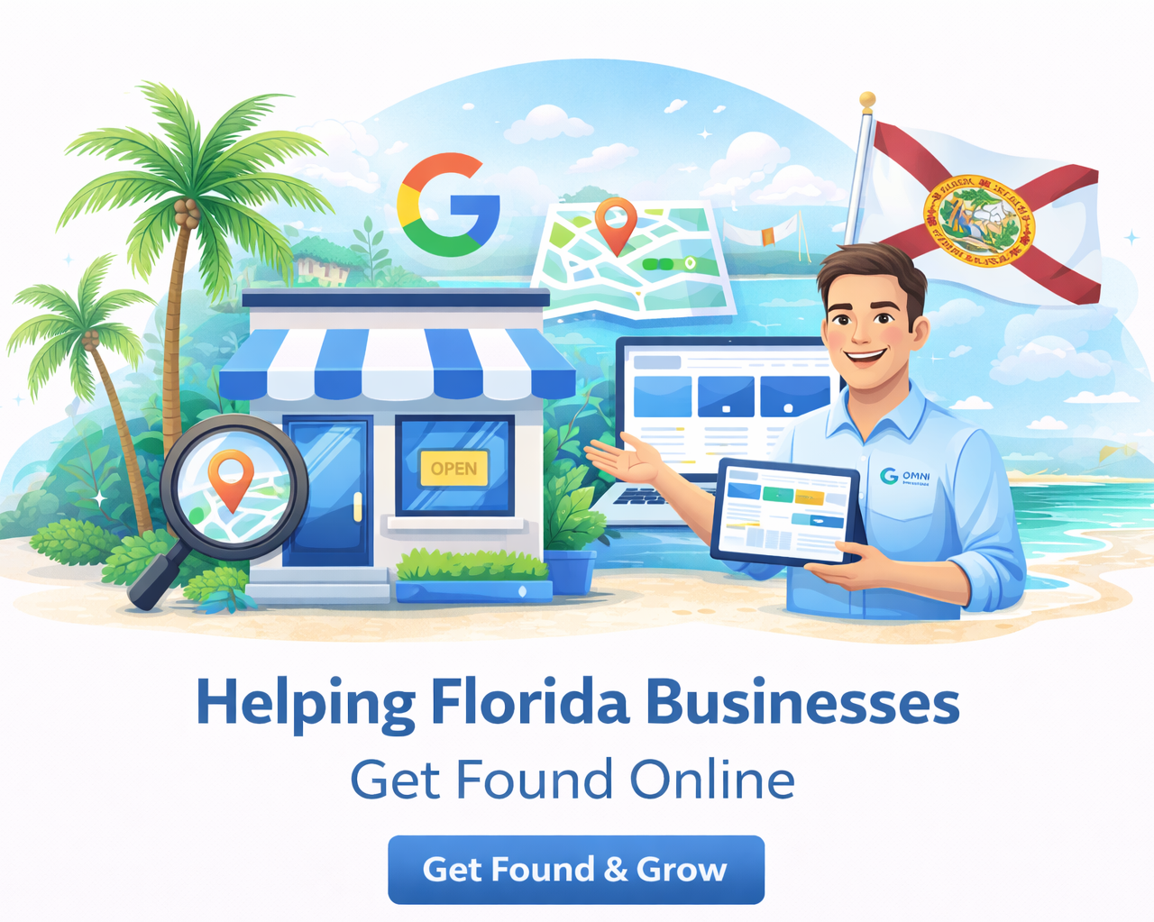 Illustration of a smiling man in a light blue shirt holding a tablet, standing in front of a small storefront with a blue and white striped awning and an open sign. The background features palm trees, a map with a location pin, a Google logo, and Florida state flag, emphasizing online business growth in Florida.