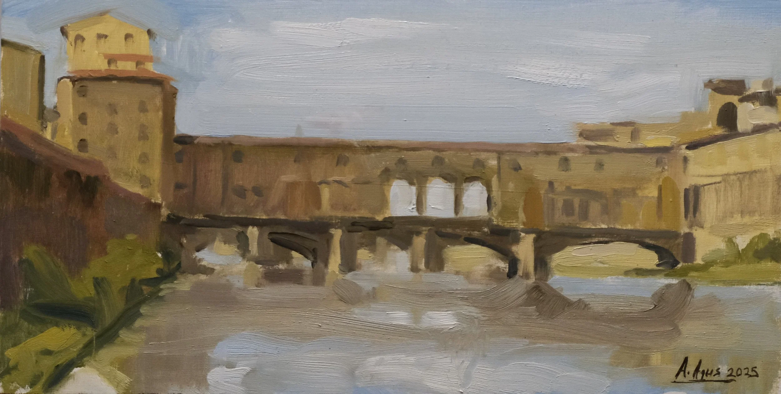 An impressionistic painting of a bridge over a river with historic buildings in the background, signed by A. Aguius in 2025.