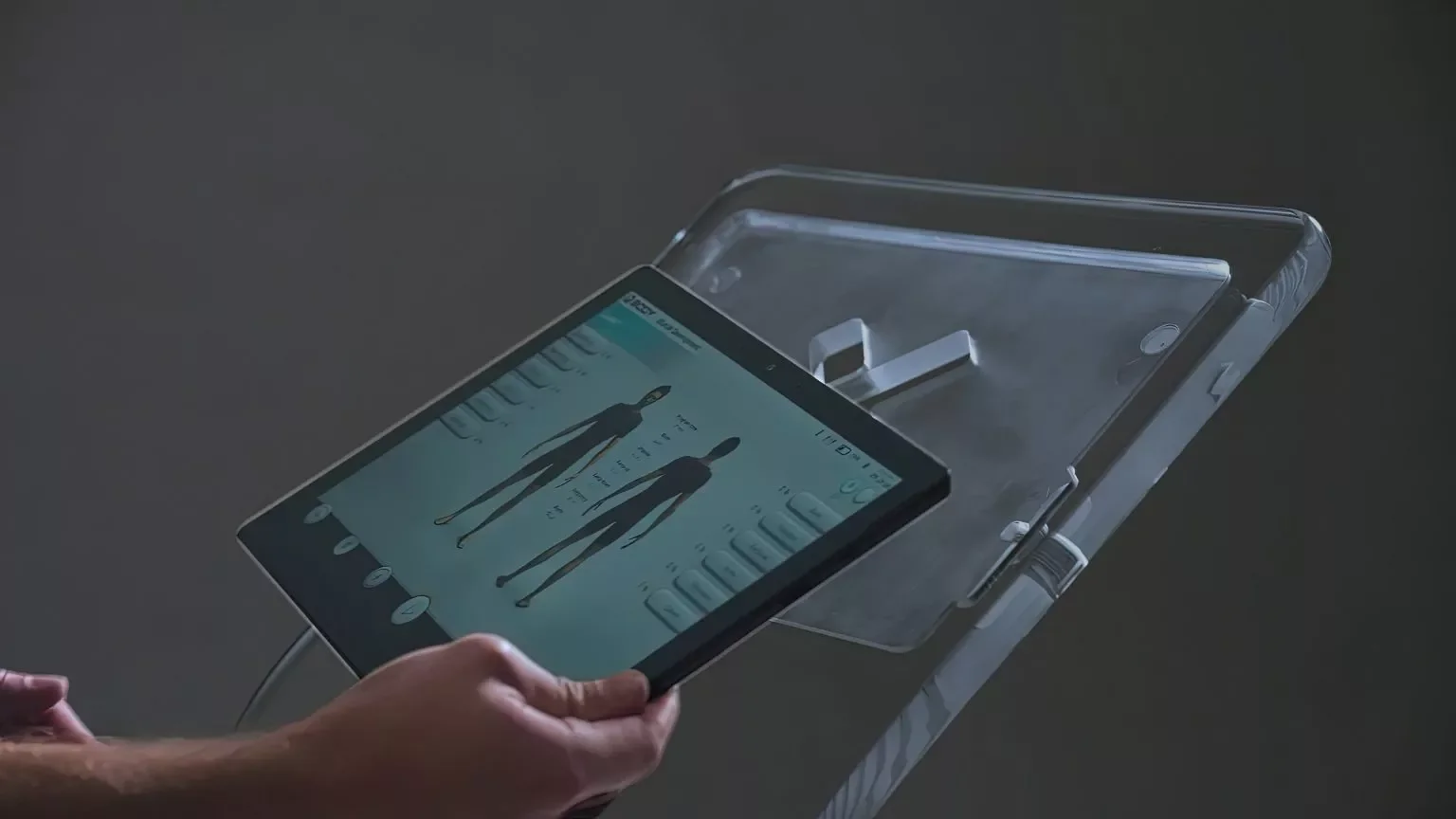 A person holds a tablet with a digital clothing fitting app, displaying a virtual model trying on different outfits. The tablet is on a transparent platform, possibly a fitting station.
