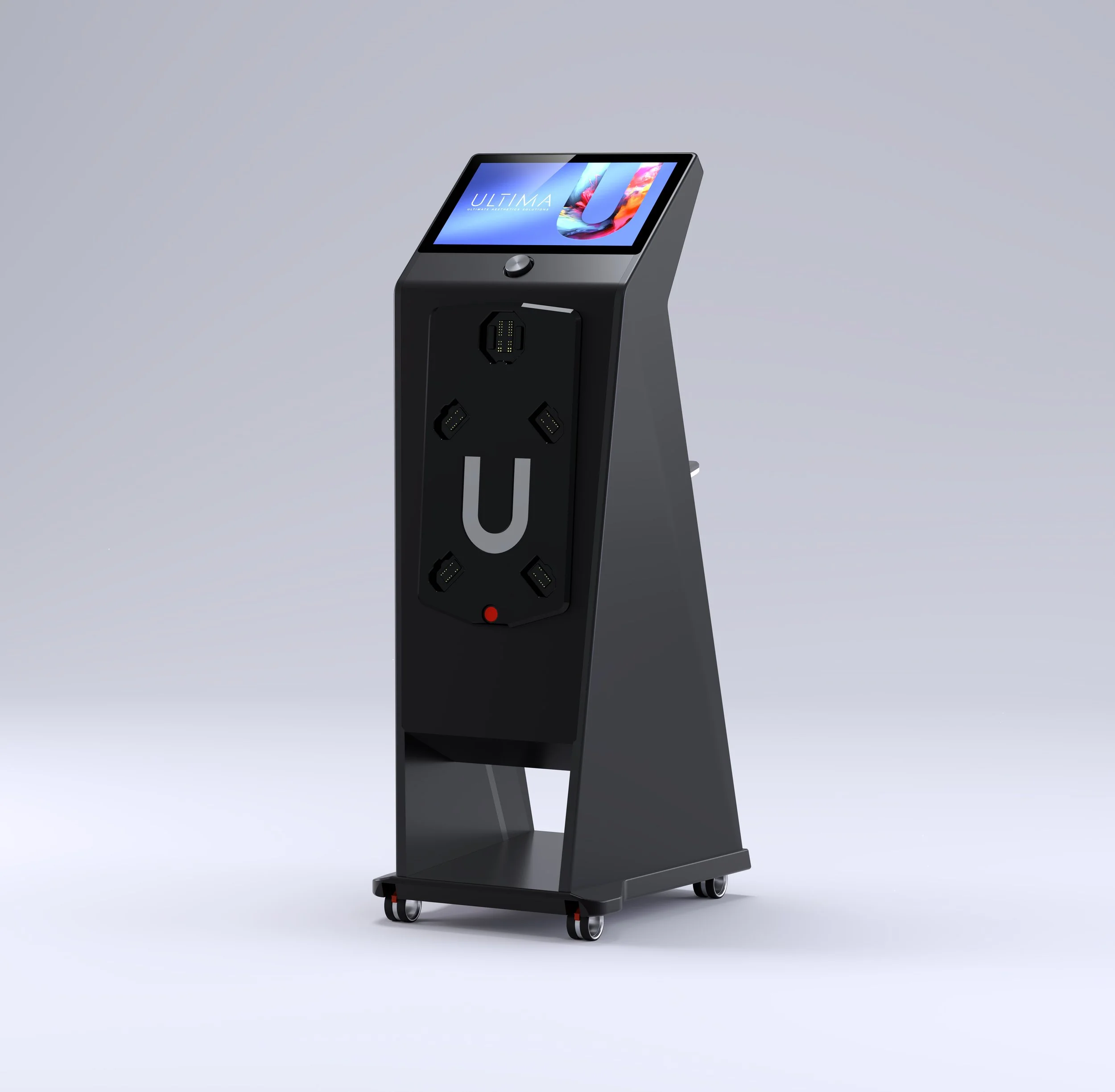 A black medical or diagnostic device on wheels with a touchscreen display on top and various connectors on the front panel.