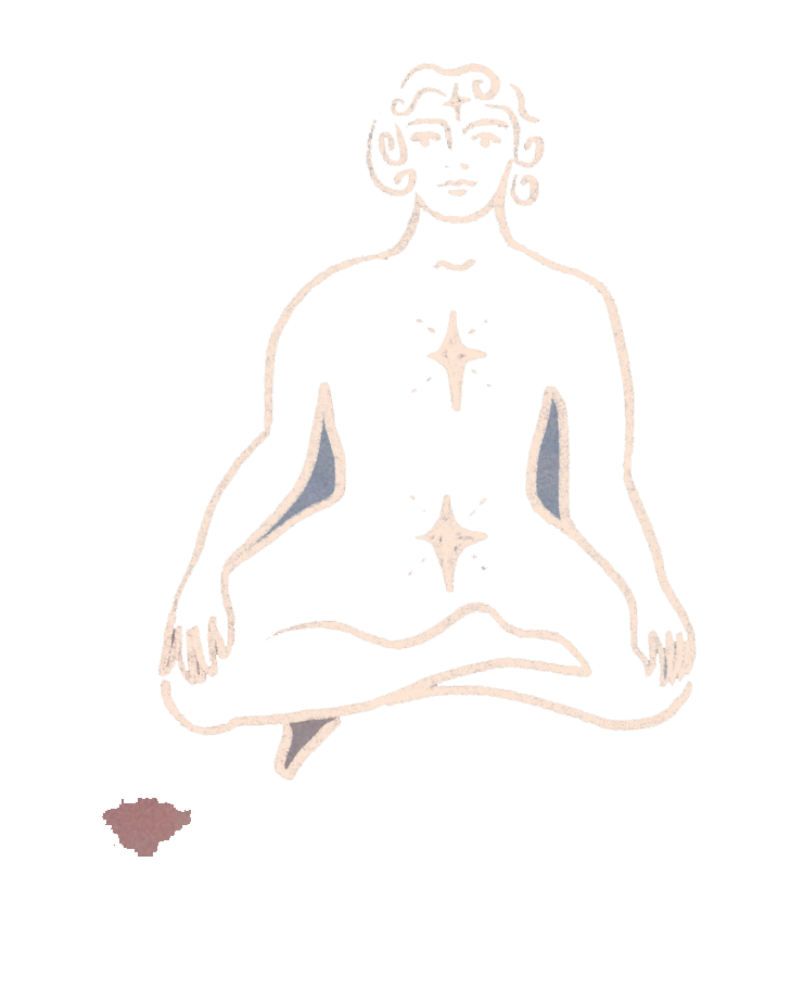 A minimalist drawing of a person in a meditative pose with a black background, highlighted with white and light blue accents, and three star-shaped symbols down the center of the body.