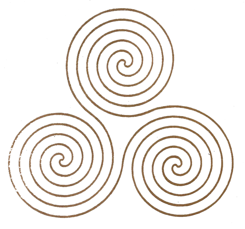 Three spiral shaped objects arranged in a triangular formation, with metallic and brown elements.