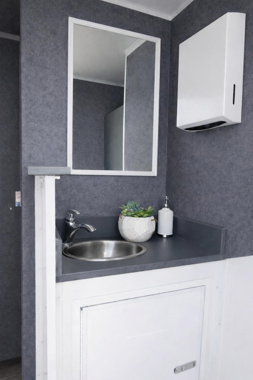 A small sink area with a mirror above it, a potted succulent plant, soap dispenser, and a white paper towel dispenser on the gray wall.