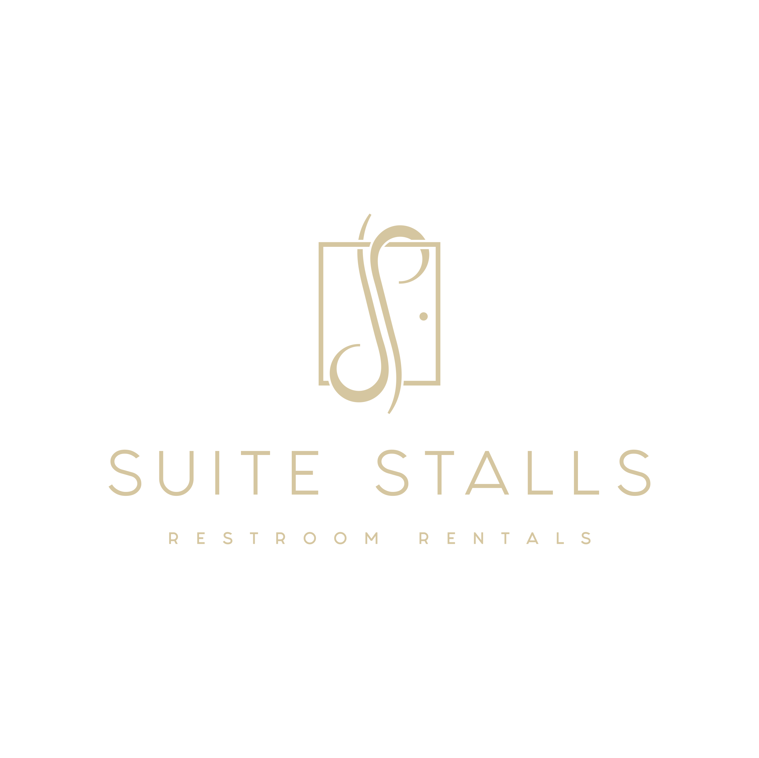Logo for Suite Stalls Restroom Rentals featuring a stylized 'S' and a rectangle on a black background with beige text