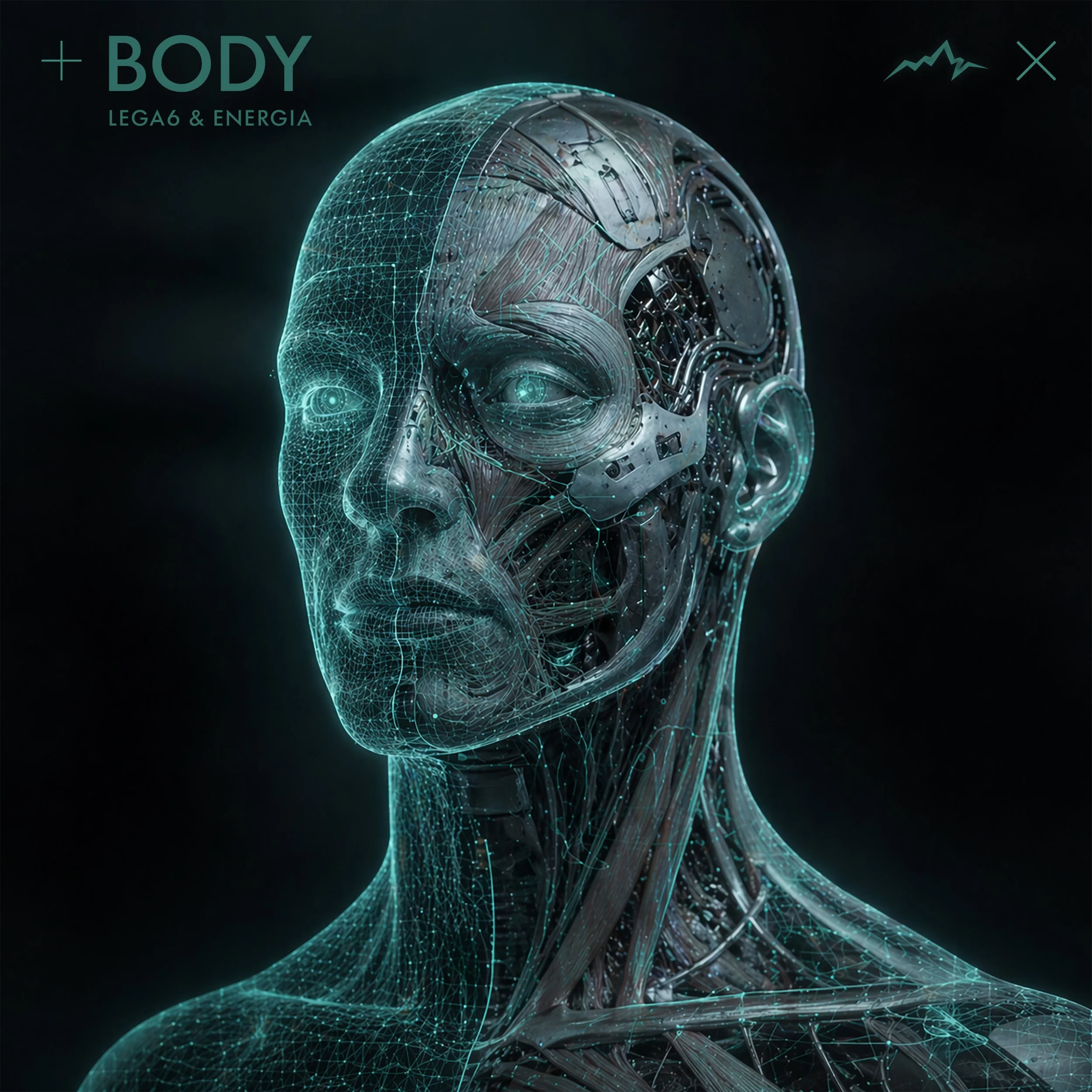 Une représentation numérique d'une tête humaine avec des structures holographiques et des lignes de circuit, symbolisant la fusion de la technologie et du corps humain dans un style futuriste.