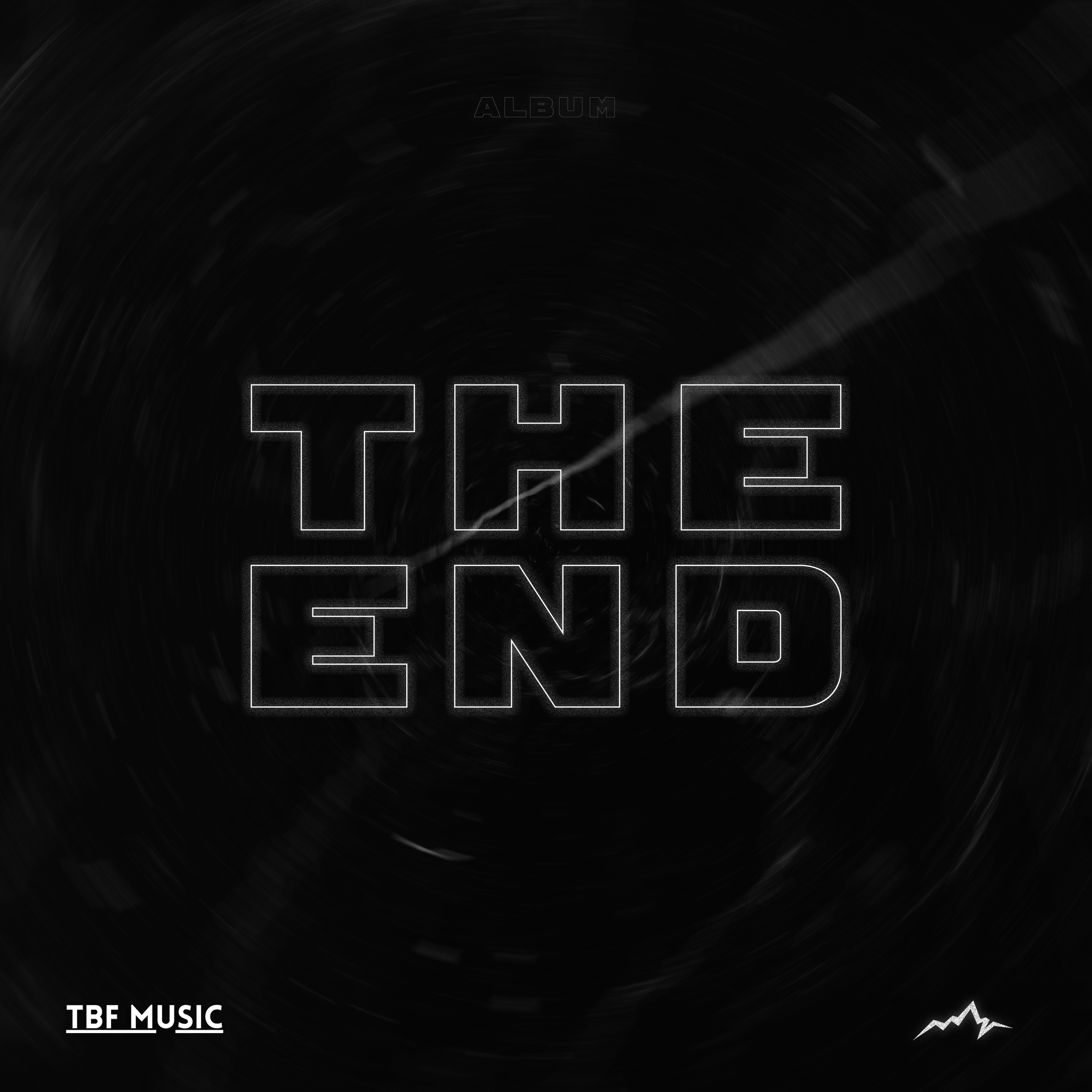 Couverture d'album de musique noir avec des éléments graphiques blancs et une étoile, texte 'ALBUM' en haut, 'TBF MUSIC' en bas à gauche, et une ligne sonore stylisée en bas à droite.