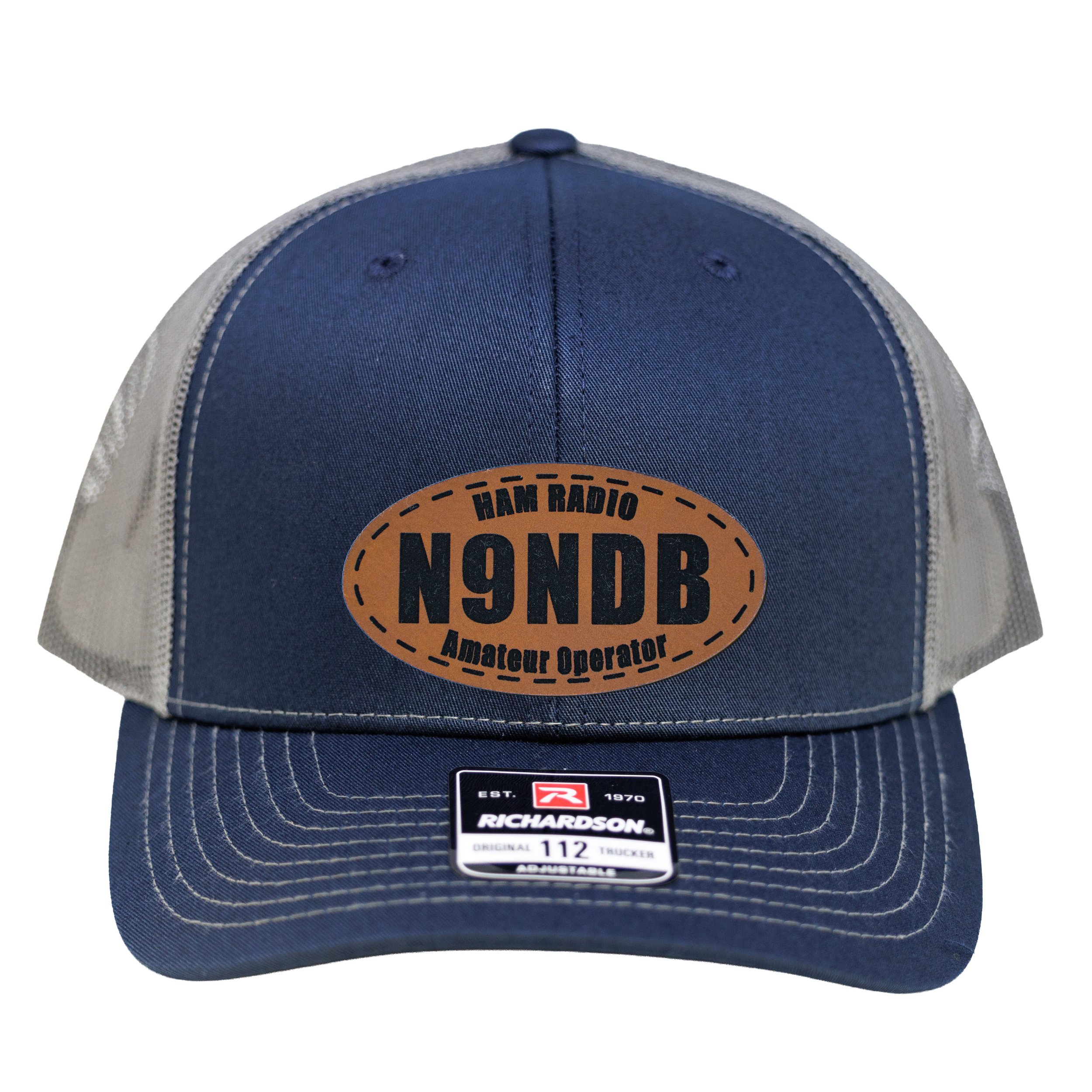Richardson 112 Hat Personalized Ham Radio Callsign Heather Navy and Charcoal Oval Patched.jpg