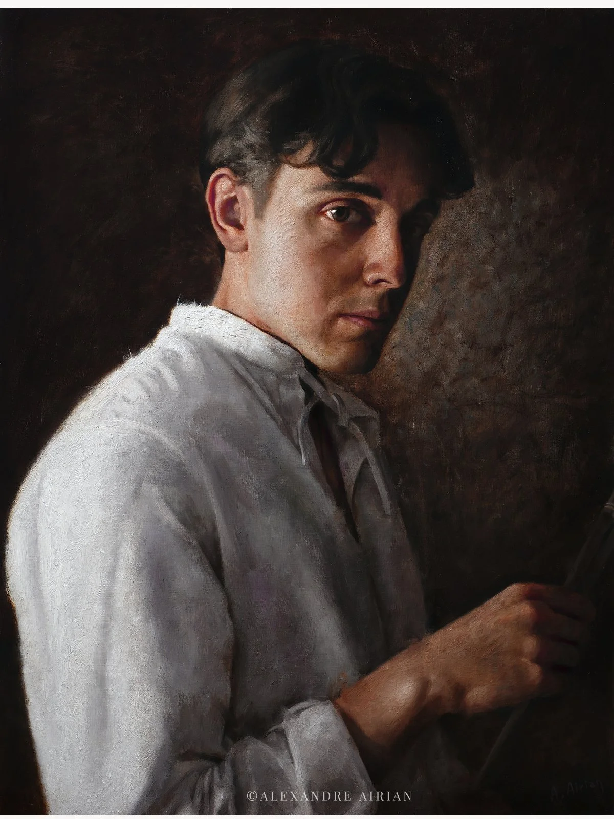 A realistic oil painting of a young man with dark hair, wearing a white shirt, looking over his shoulder while holding a book or tablet against a dark background.