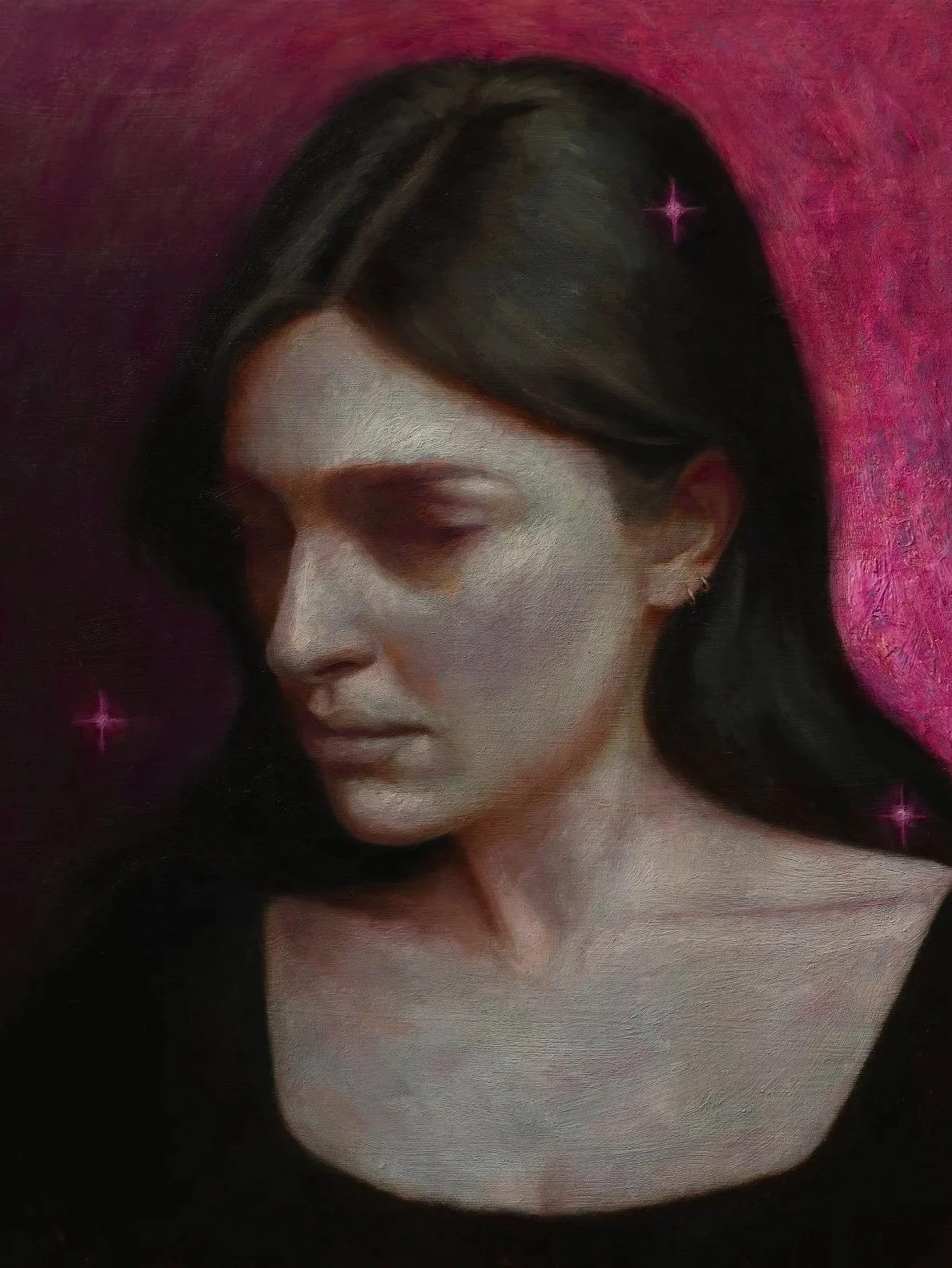 A realistic portrait painting of a woman with long black hair looking downward against a pink and purple background with small star-like accents.