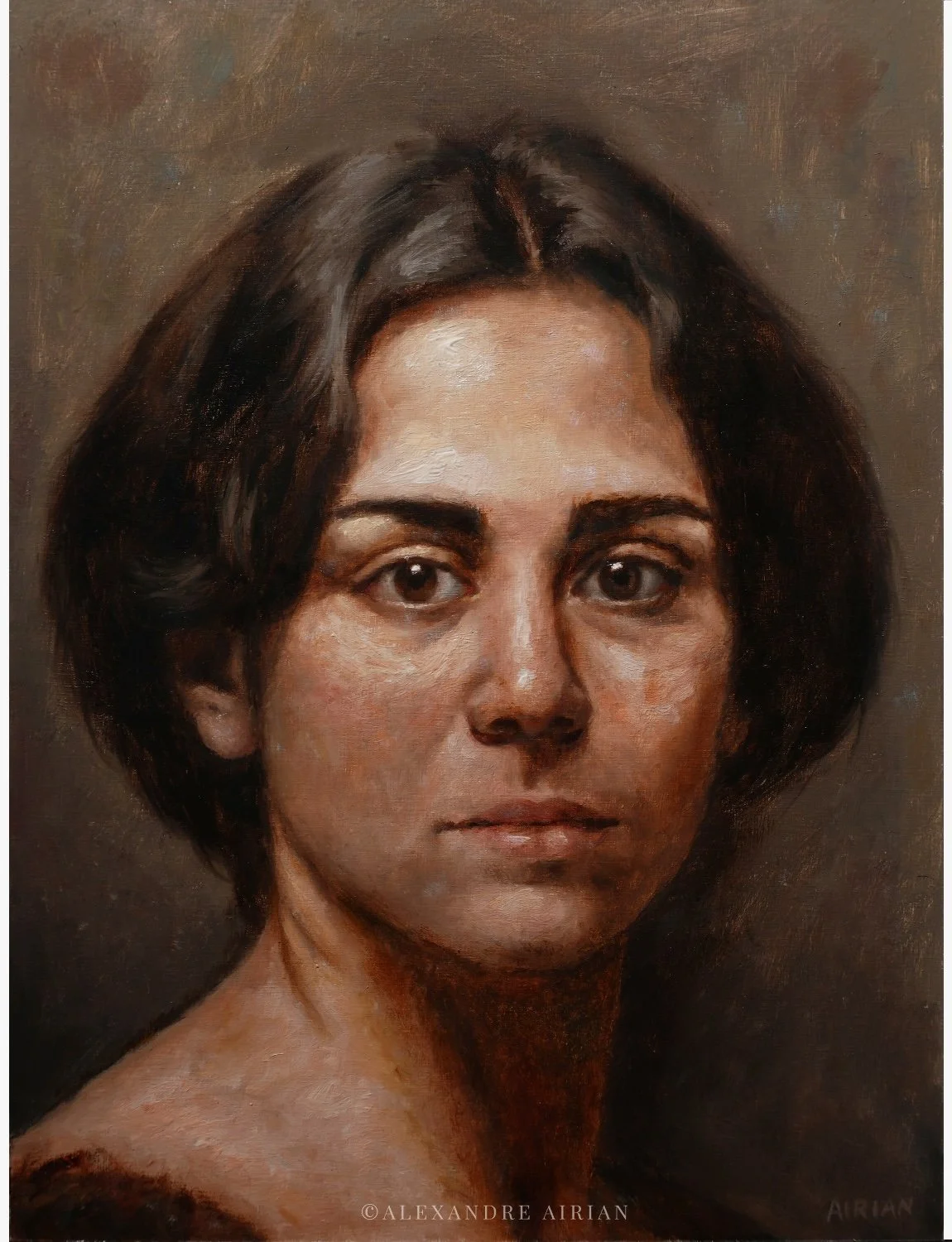A realistic oil painting portrait of a woman with short dark hair and light skin, looking directly at the viewer, with a neutral expression.