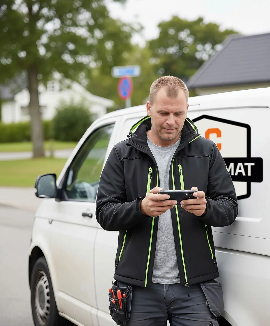 Lukas vid sin firmabil, på väg att montera en värmepump.