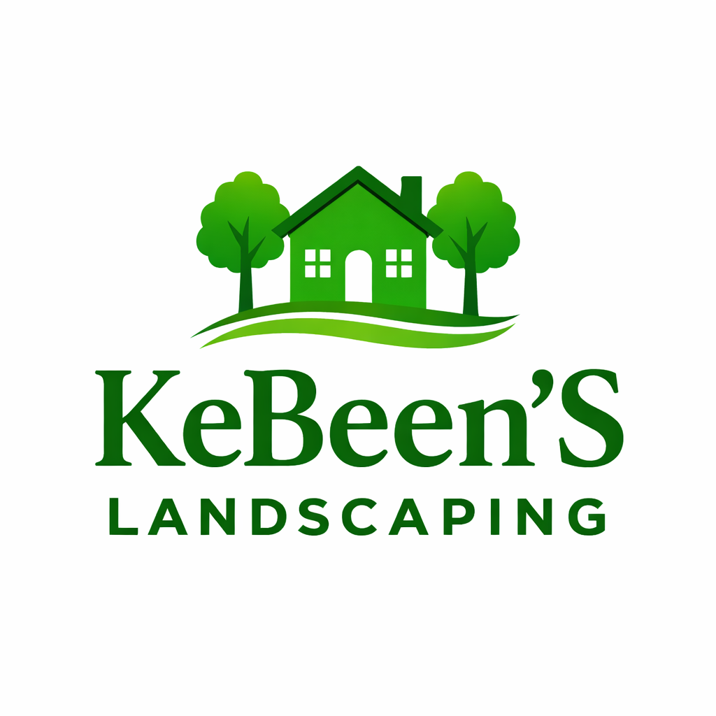 Logo for KeBeen's Landscaping featuring a green house, two trees, and the company name in green text.